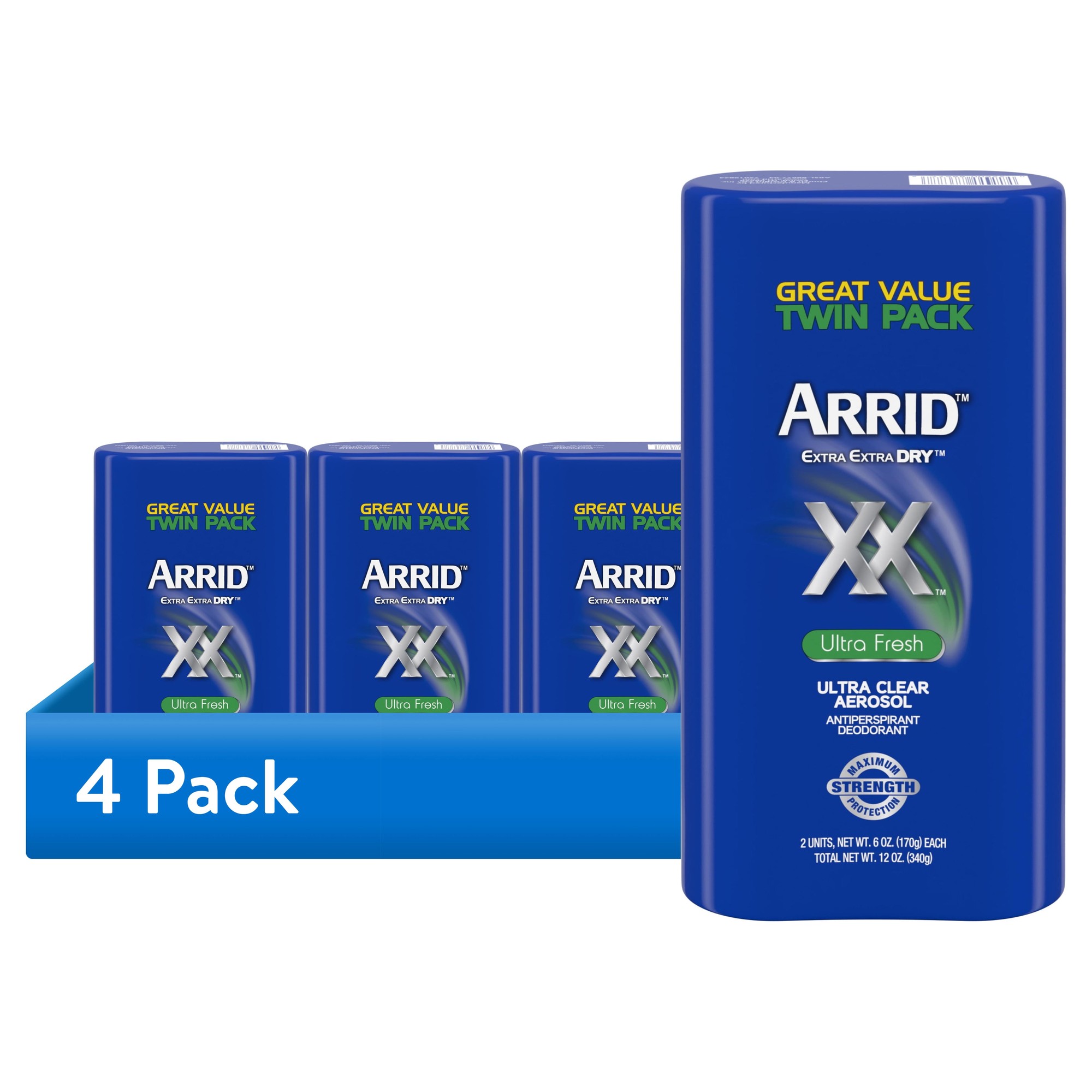 (4 pack) Arrid XX Extra Extra Dry Ultra Clear Aerosol Antiperspirant Deodorant, Ultra Fresh, Twin Pack 6 oz