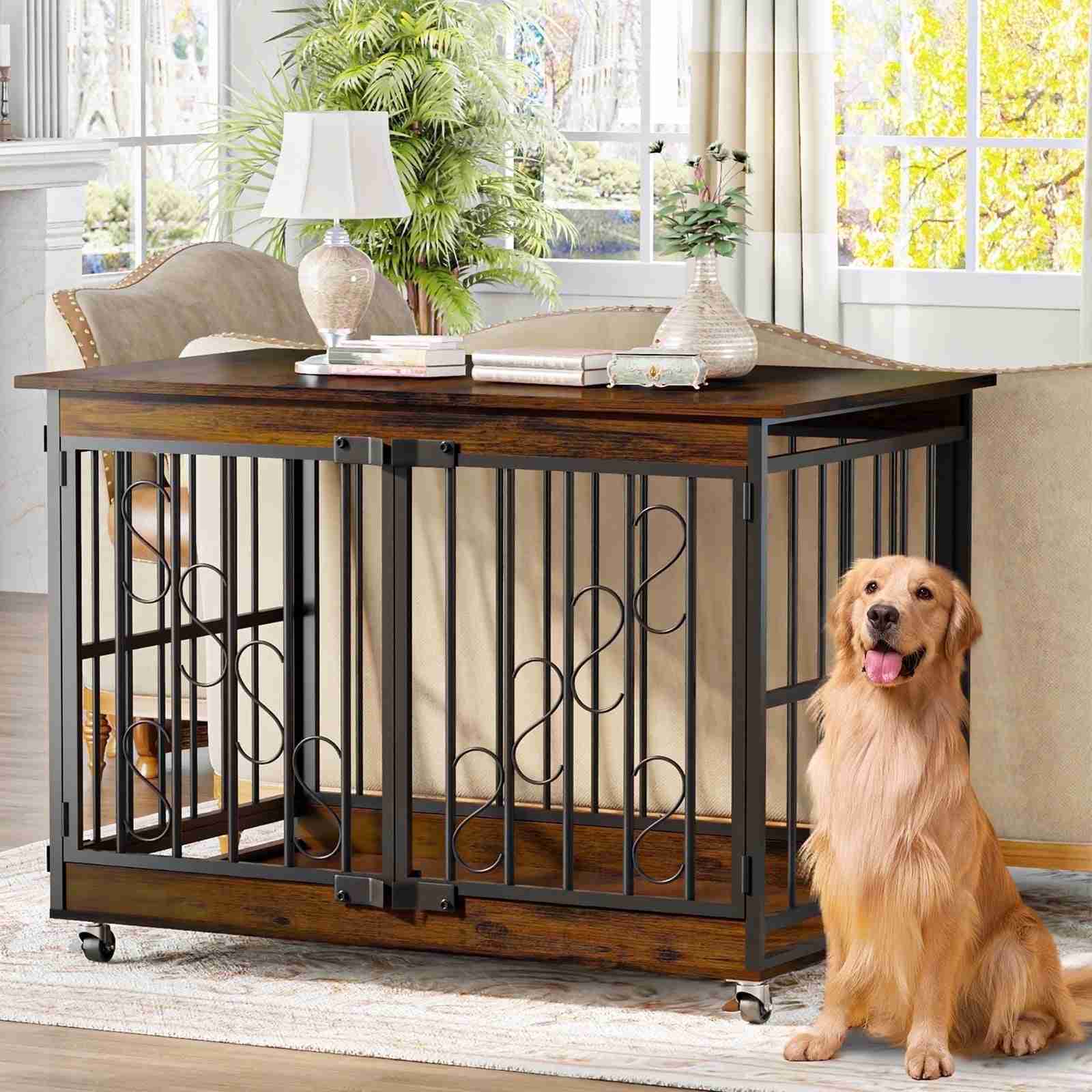 48 inch Dog Cage Furniture for Extra Large Dog, Double-Doors Heavy Duty Dog Crate with 360Â° Caster Wheels, Dog Kennel Indoor Decorative Pet House Dog Cage Table, Brown