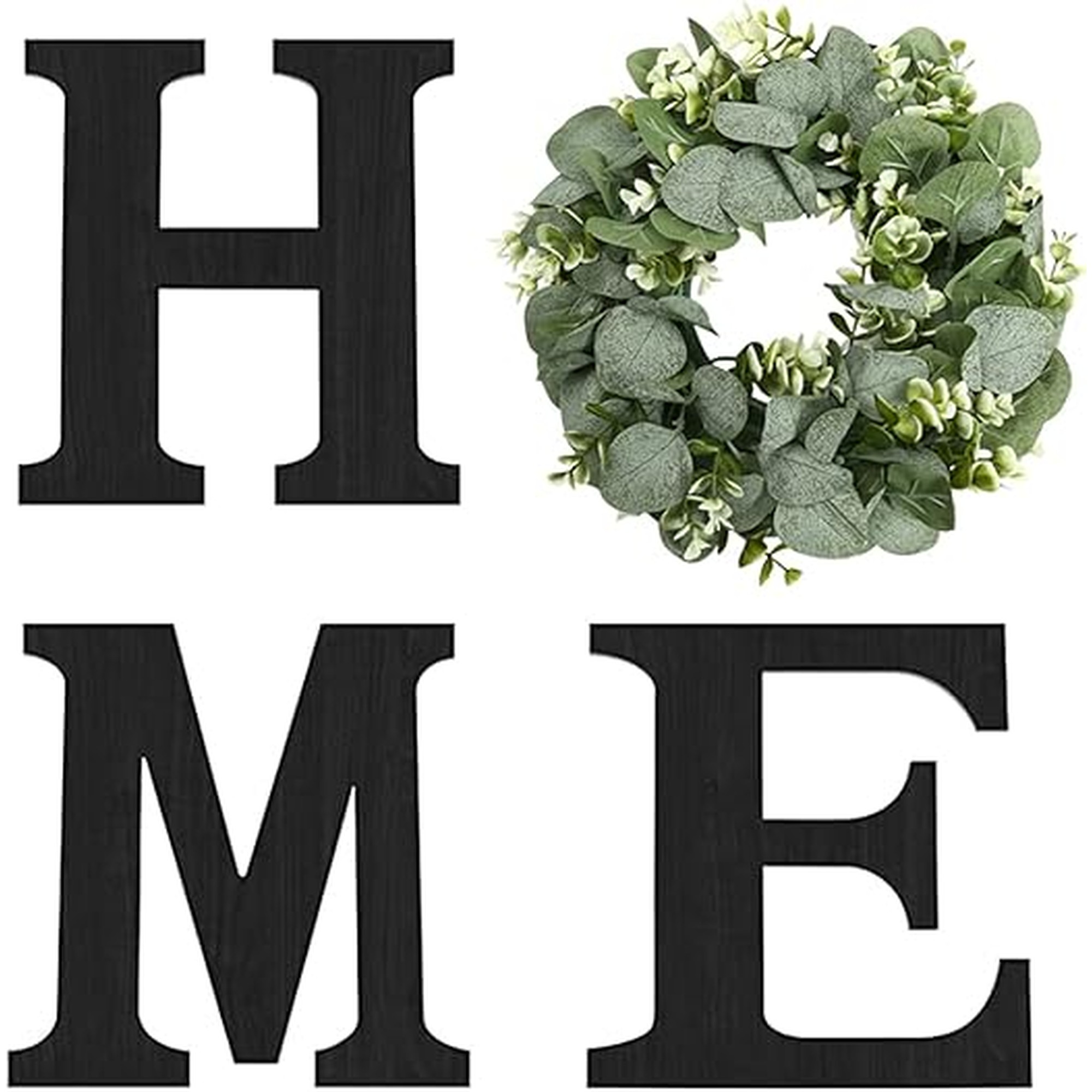 Pinkpum Wood Home Sign with Artificial Eucalyptus Wreath for O, Hanging Farmhouse Wall House Decor Wood Letters for Wall Art Rustic Home Decor, Wall Decor for Living Room Kitchen Entryway (Black)