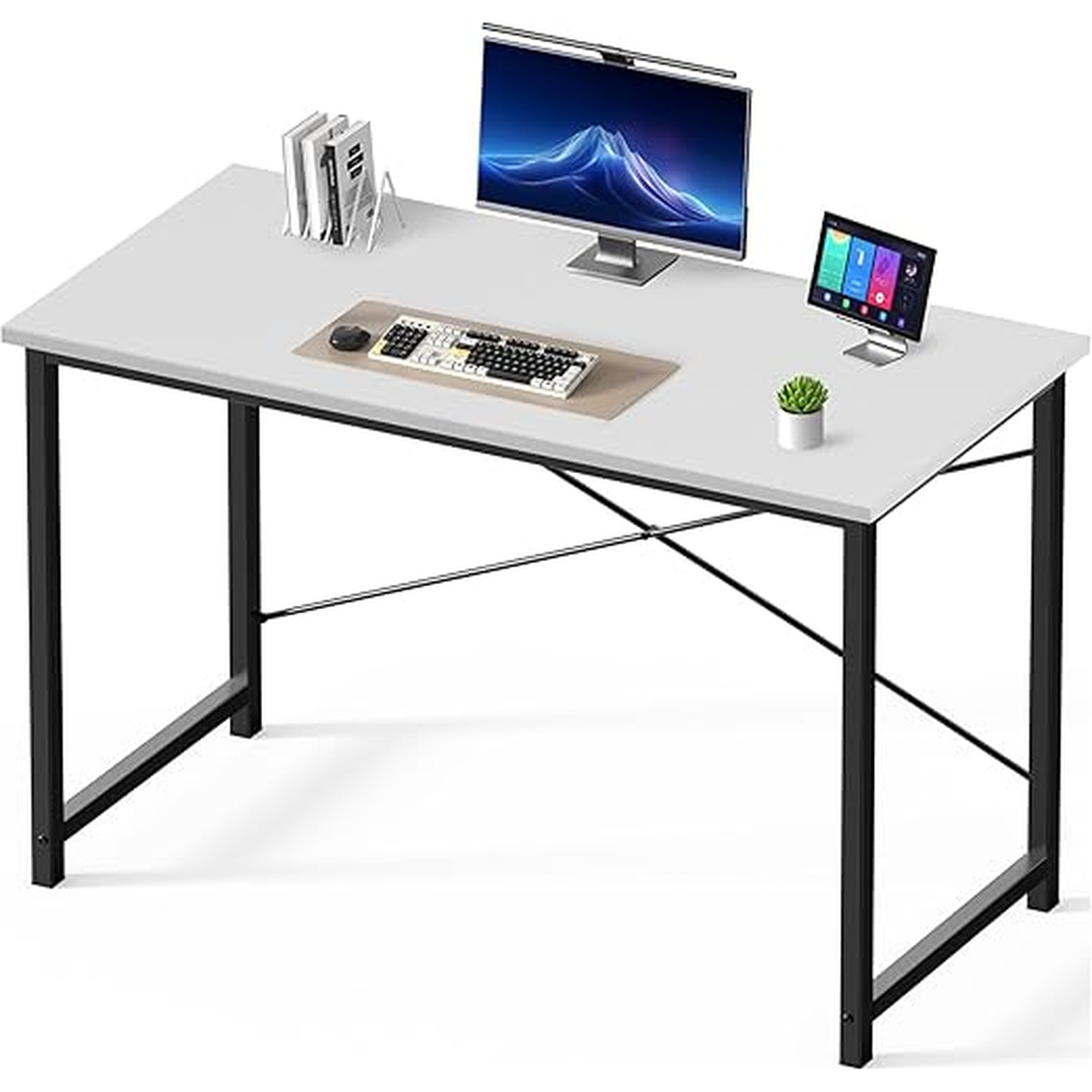 DUMOS 47 Inch Computer Desk for Home Office, Modern Study Work Table Simple Modern Style for Bedroom Small Space, Writing Desks with X-Shaped Reinforcement, Wood White