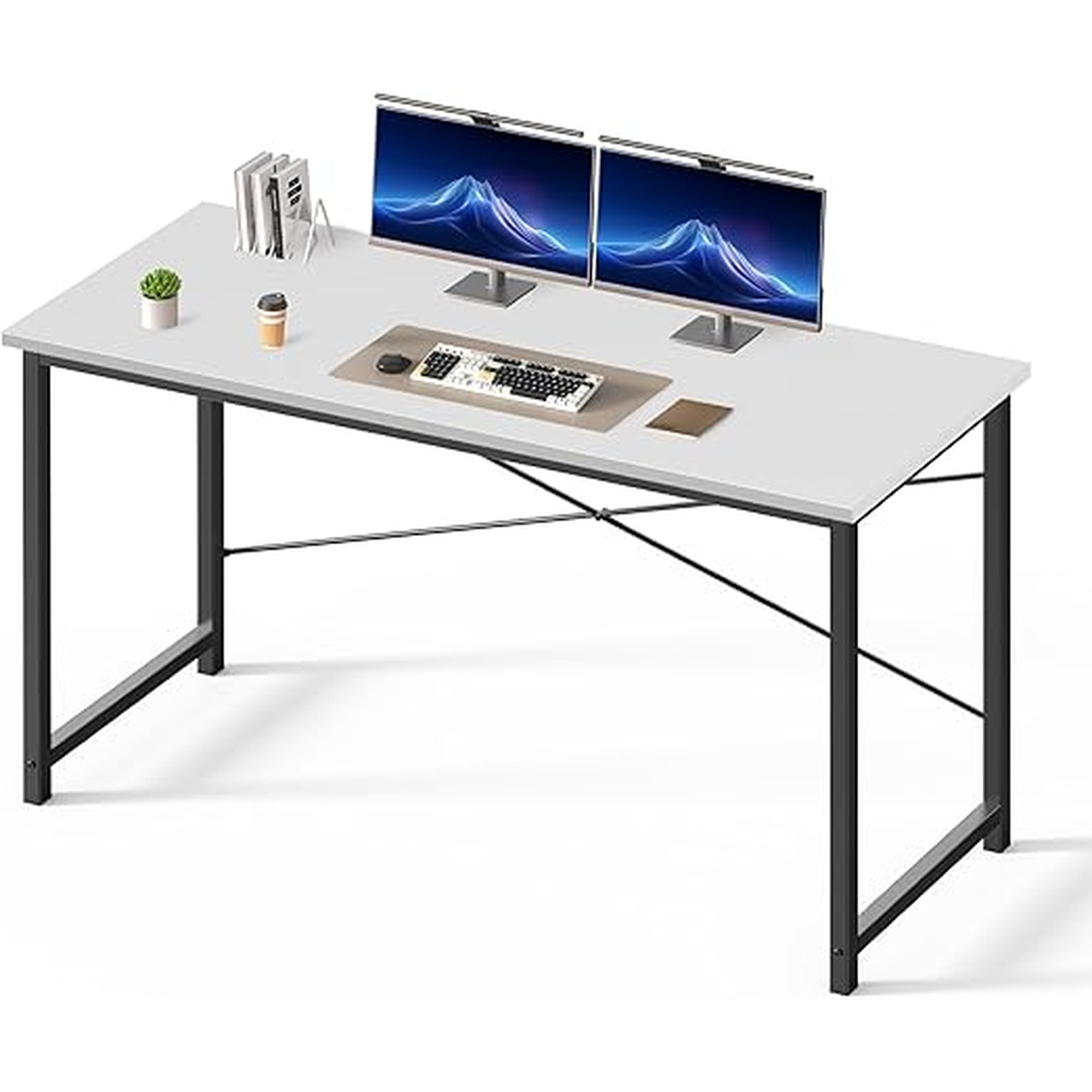 DUMOS 55 Inch Computer Desk for Home Office, Modern Study Work Table Simple Style for Bedroom Small Space, Large Writing Desks with X-Shaped Reinforcement, Wood White