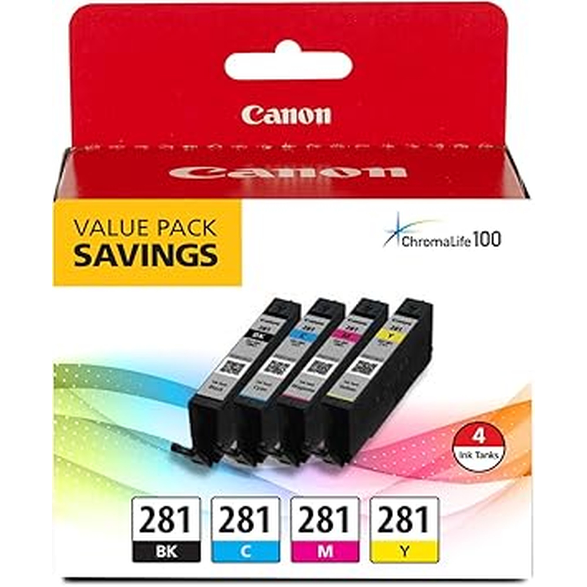 Canon CLI-281 Black, Cyan, Magenta and Yellow 4 Ink Pack, Compatible to TR8520, TR8620 Series, TS9120, and TS6210 Printers