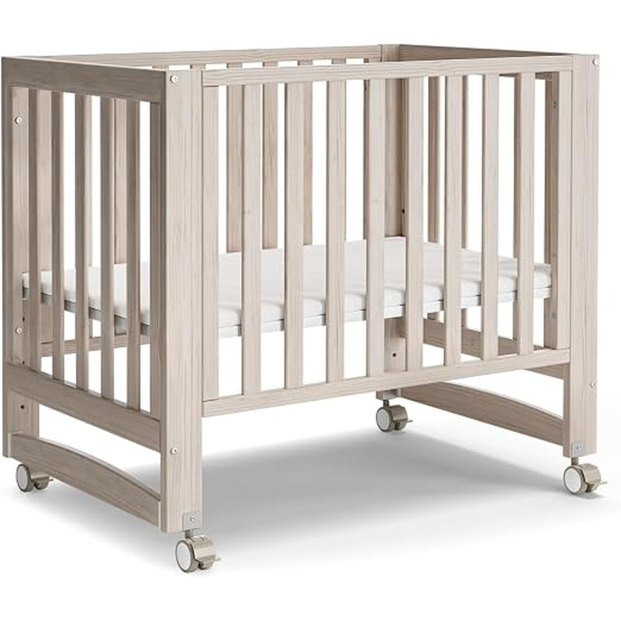 MAMAZING EvoNest Baby Crib, 3 in 1 Convertible Mini Crib with Wheels, 100% New Zealand Wood Crib, 4 Adjustable Mattress Height, GREENGUARD Gold Certified, Washed Natural