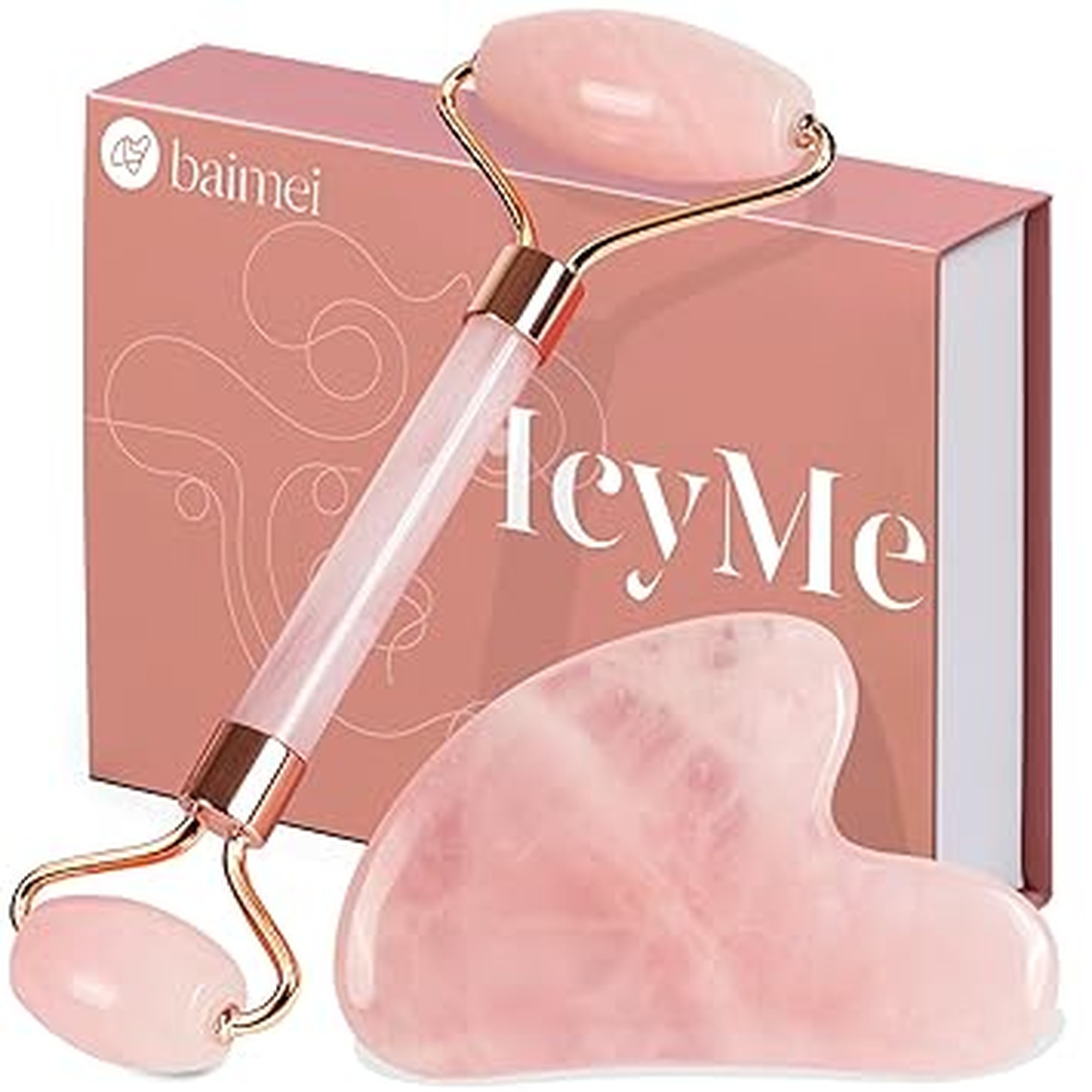 BAIMEI IcyMe Jade Roller & Gua Sha, Face Roller Redness Reducing Skin Care Tools, Self Care for Men Women, Massager for Face, Eyes, Neck, Relieve Fine Lines and Wrinkles - Rose Quartz