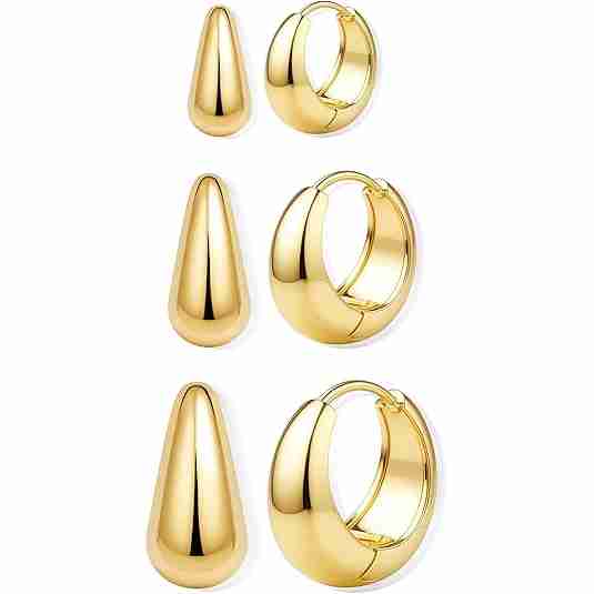 BESTEEL 3Pairs 14K Gold Plated Hoop Earrings Set for Women Chunky Earring Silver Plated Hypoallergenic Small Huggie Hoops Lightweight Tiny Thick Trendy Hoop Earrings Stacks for Multiple Piercing