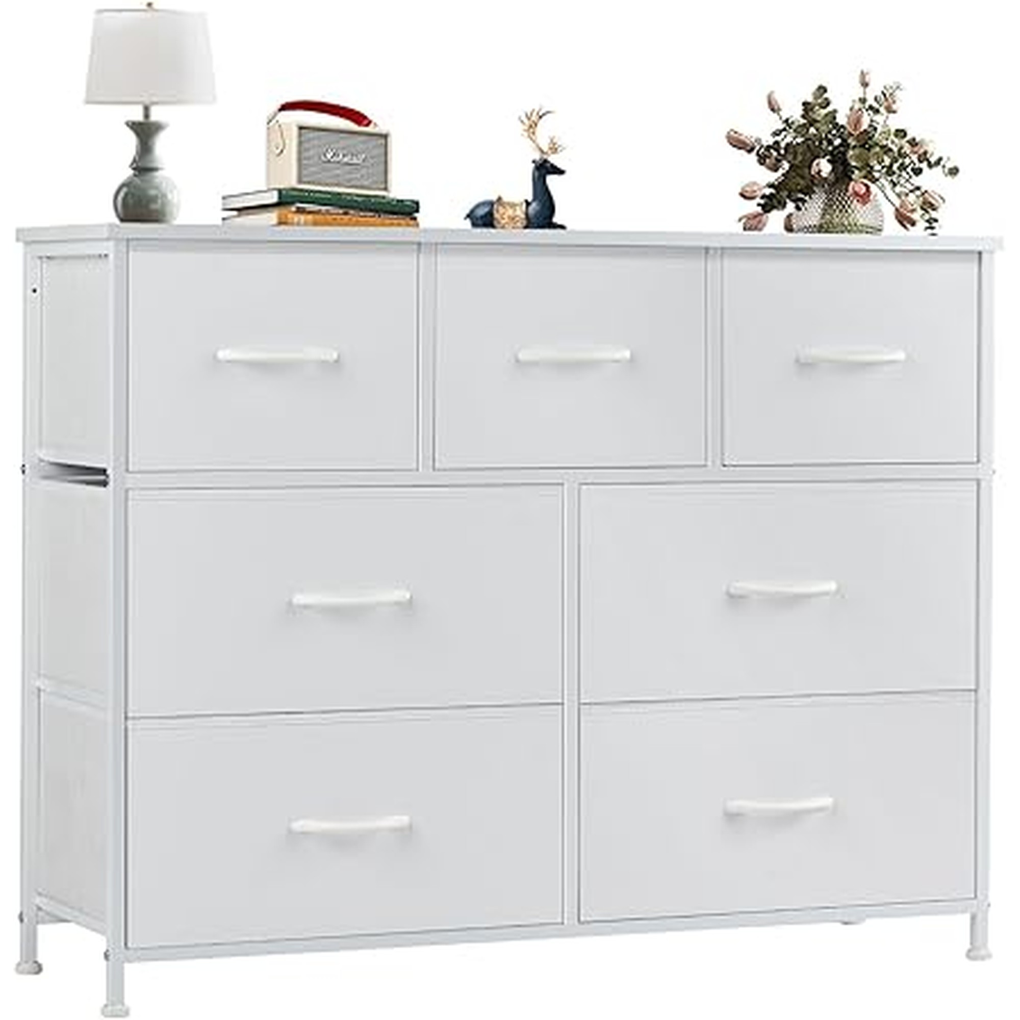 OLIXIS 7 Drawer Dresser for Bedroom, Wide Fabric Storage Tower with Wooden Top and Metal Frame, Closet Chest Organizer Furniture, TV Stand for Living Room Hallway, White