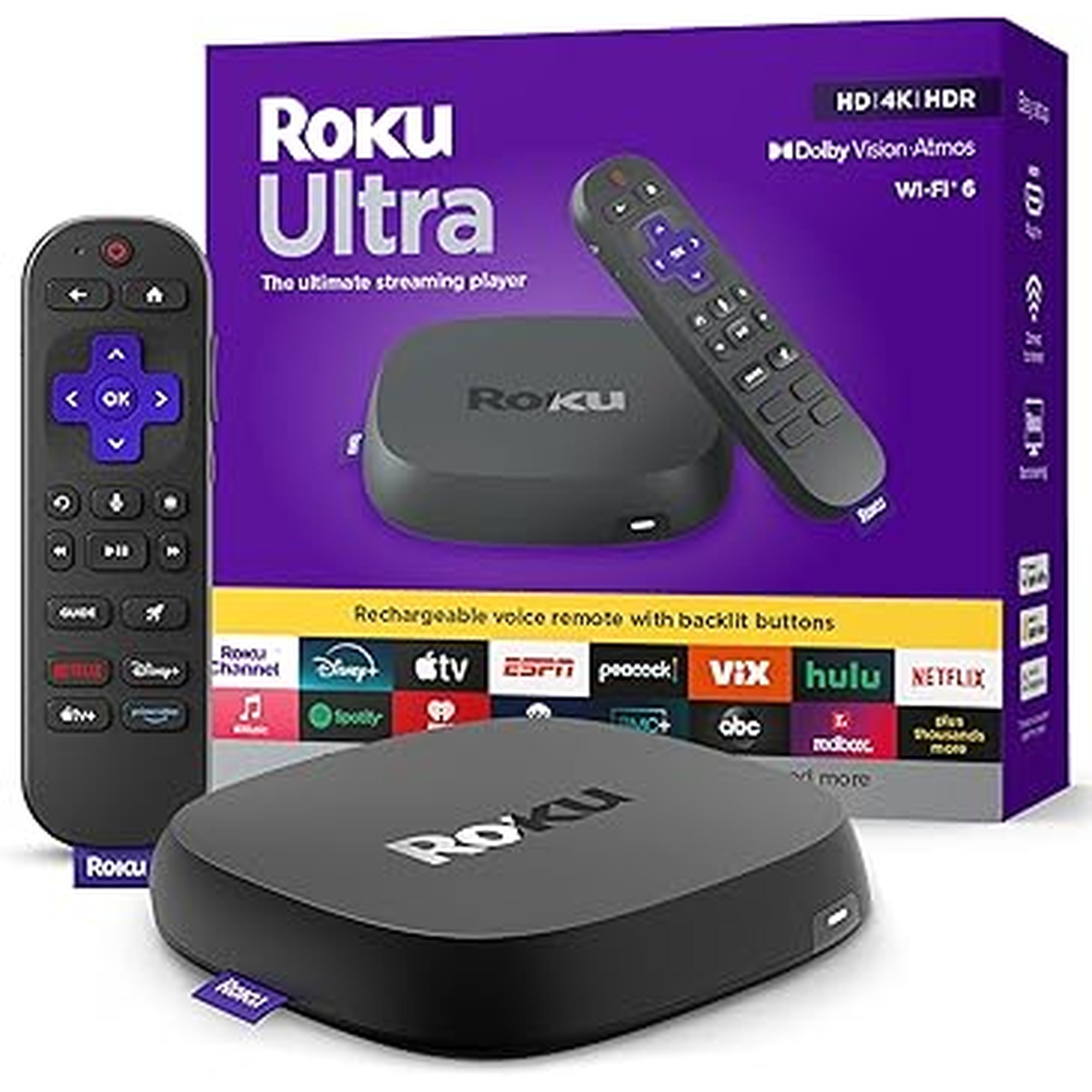Roku Ultra - Ultimate Streaming Player - 4K Streaming Device for TV with HDR10+, Dolby Vision & Atmos - Bluetooth & Wi-Fi 6 - Rechargeable Voice Remote Pro with Backlit Buttons - Free & Live TV