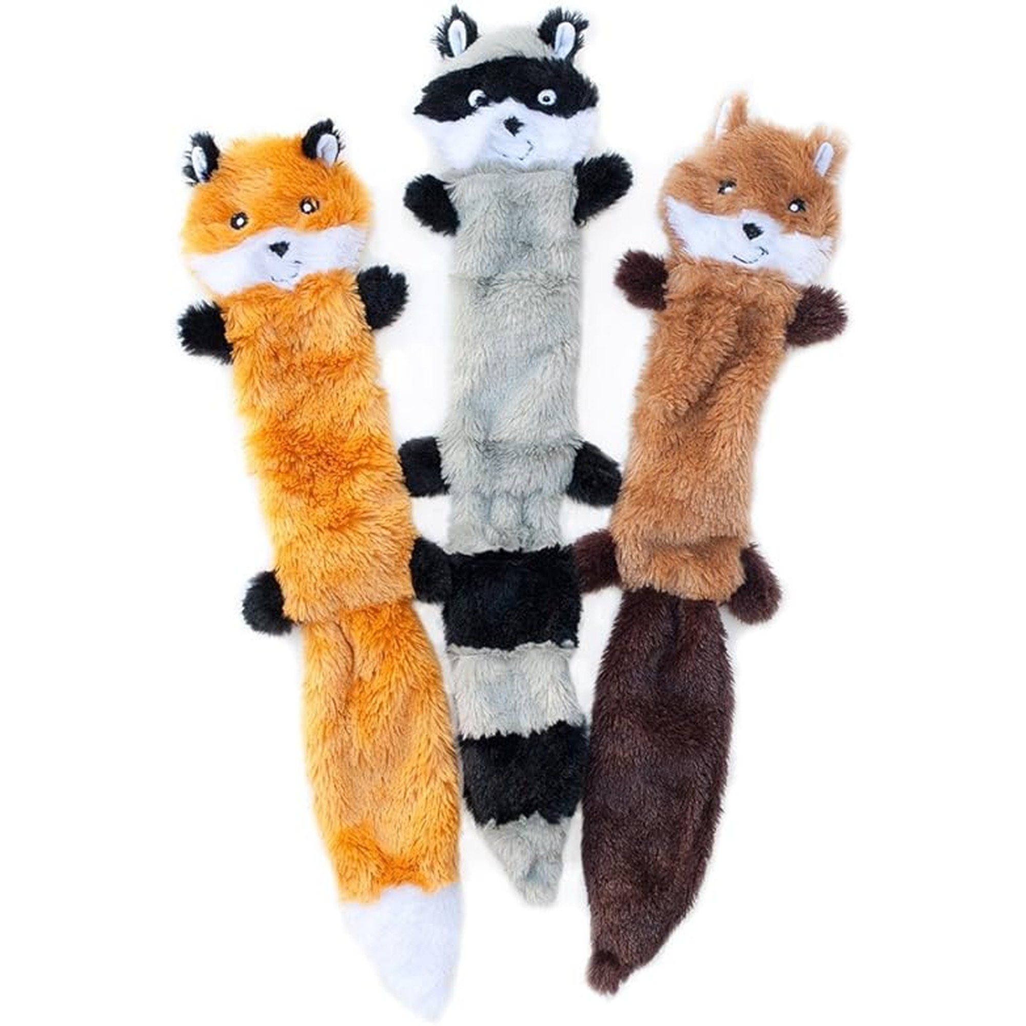 ZippyPaws Skinny Peltz - No Stuffing Dog Toy Pack to Keep Them Busy, for Medium and Large Dogs, Squeaky Pet Toys, Unstuffed Chew Toys, Soft Plush Variety Pack, Fox, Raccoon, and Squirrel - 18"