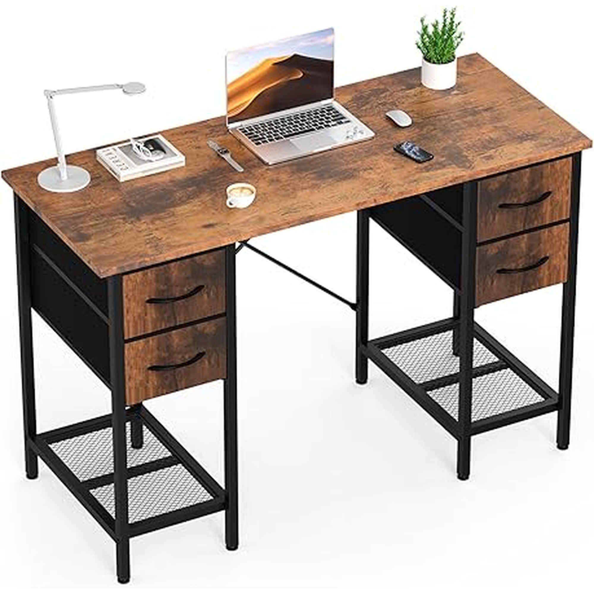 Sweetcrispy Computer Desk with Drawers, 47 Inch Home Office Bedroom Table with 4 Fabric Drawers & 2 Mesh Storage Shelves, Wood Table with X-Shaped Structure for Writing Study PC Desk, Brown