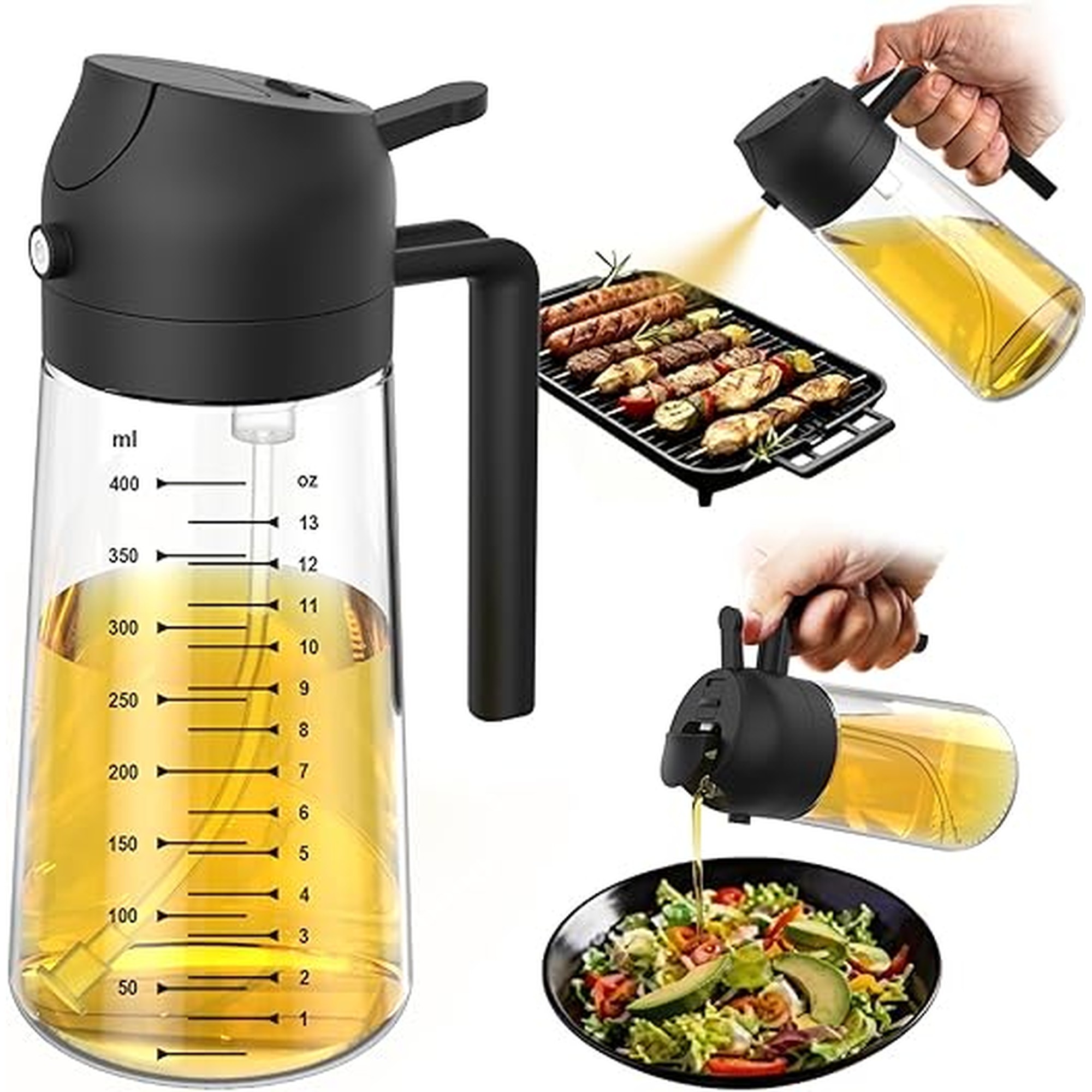 TrendPlain 16oz/470ml Glass Olive Oil Sprayer for Cooking â€“ 2 in 1 Olive Oil Dispenser Bottle for Kitchen Gadgets and Air Fryer Accessories, Salad, BBQ - Black