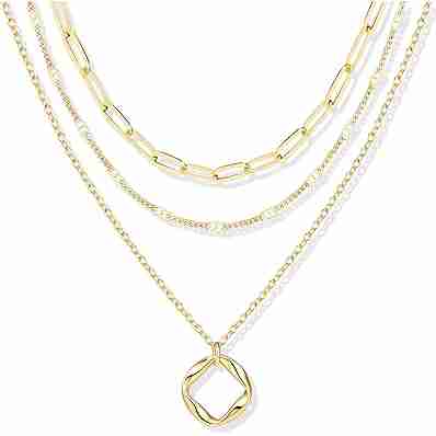 Layered Gold Necklaces for Women, Stackable Dainty 14K Gold Silver Plated Trendy Circle Paperclip Chain Pendant Choker Necklace,Simpl Diamond Cross Bow Jewelry Set Gifts for Women