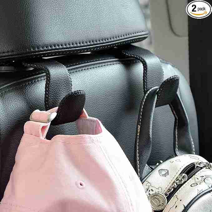 Car Hooks Universal Car Vehicle Back Seat Headrest Hanger Holder Hook Microfiber Leather & Stainless Steel for Bag Purse Cloth Drink Grocery (Black)