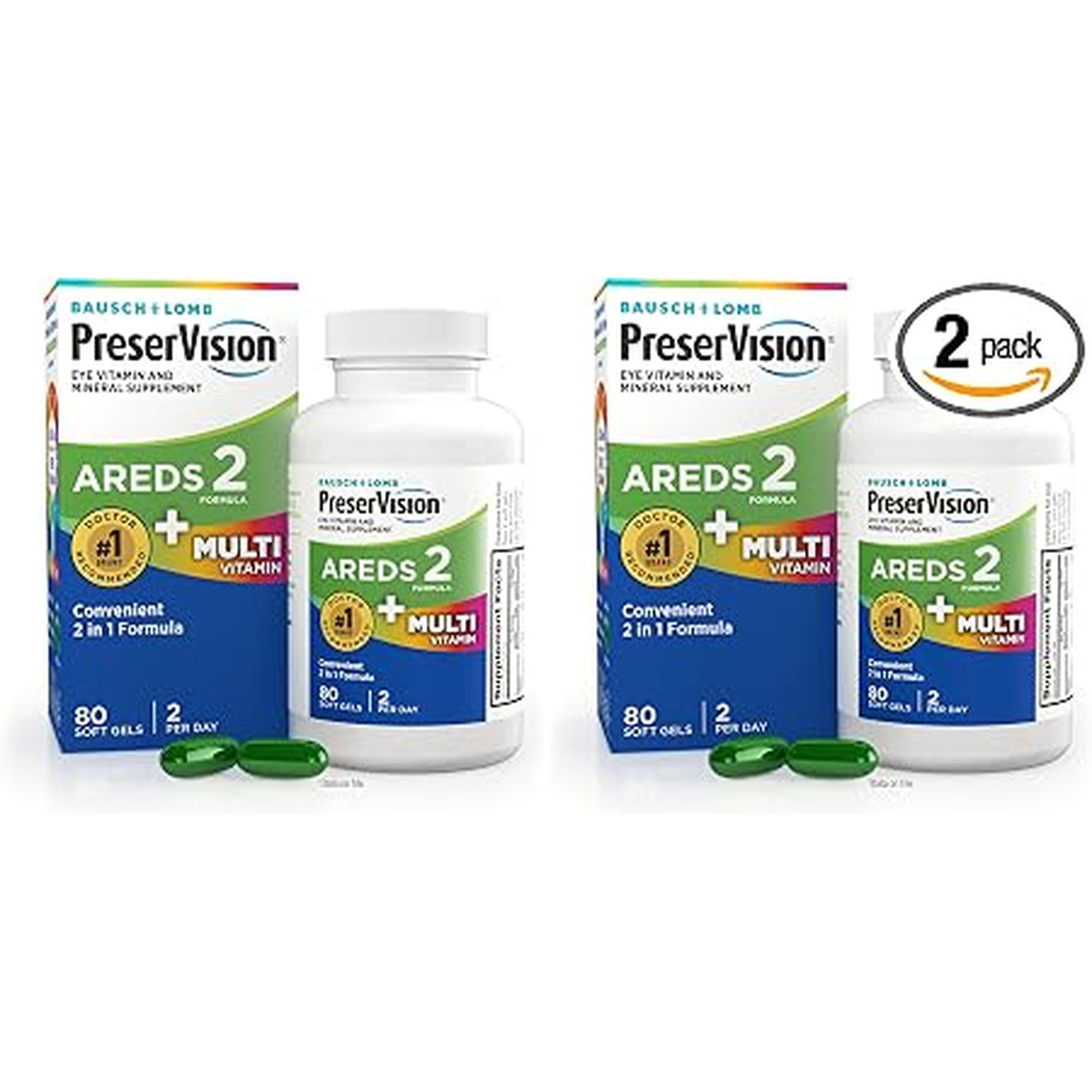 PreserVision AREDS 2 + Multivitamin,#1 Eye Doctor Recommended Brand,2-in-1 Eye Vitamin with Lutein,Zeaxanthin,Zinc,and Vitamin C,D & E,80 Softgels,(Pack of 2)