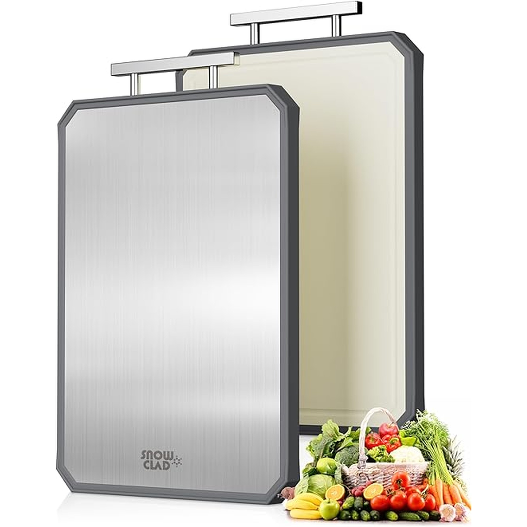 SNOWCLAD Stainless Steel Cutting Board,Double Sided Steel Bread Boards for kitchen,Stainless Steel/Wheat straw pp Large Board for meat,non toxic Chopping,16 * 11 Inch,Dishwasher Safe