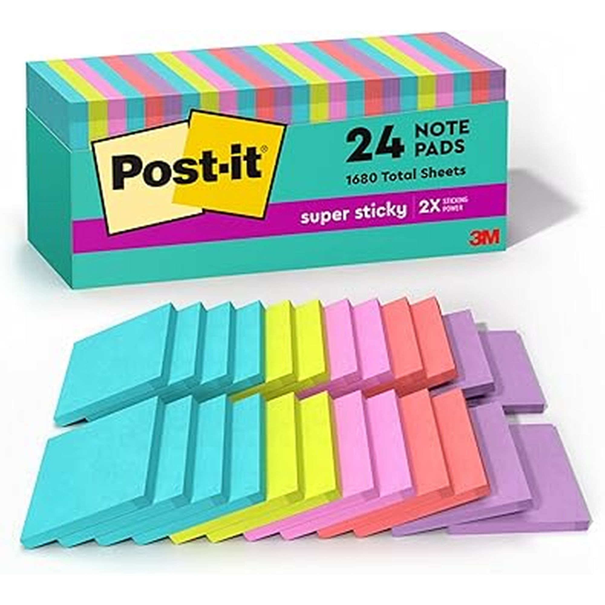 Post-it Super Sticky Notes, 24 Sticky Note Pads, 3 x 3 in., School Supplies, Office Products, 2X the Sticking Power, Supernova Neons Collection