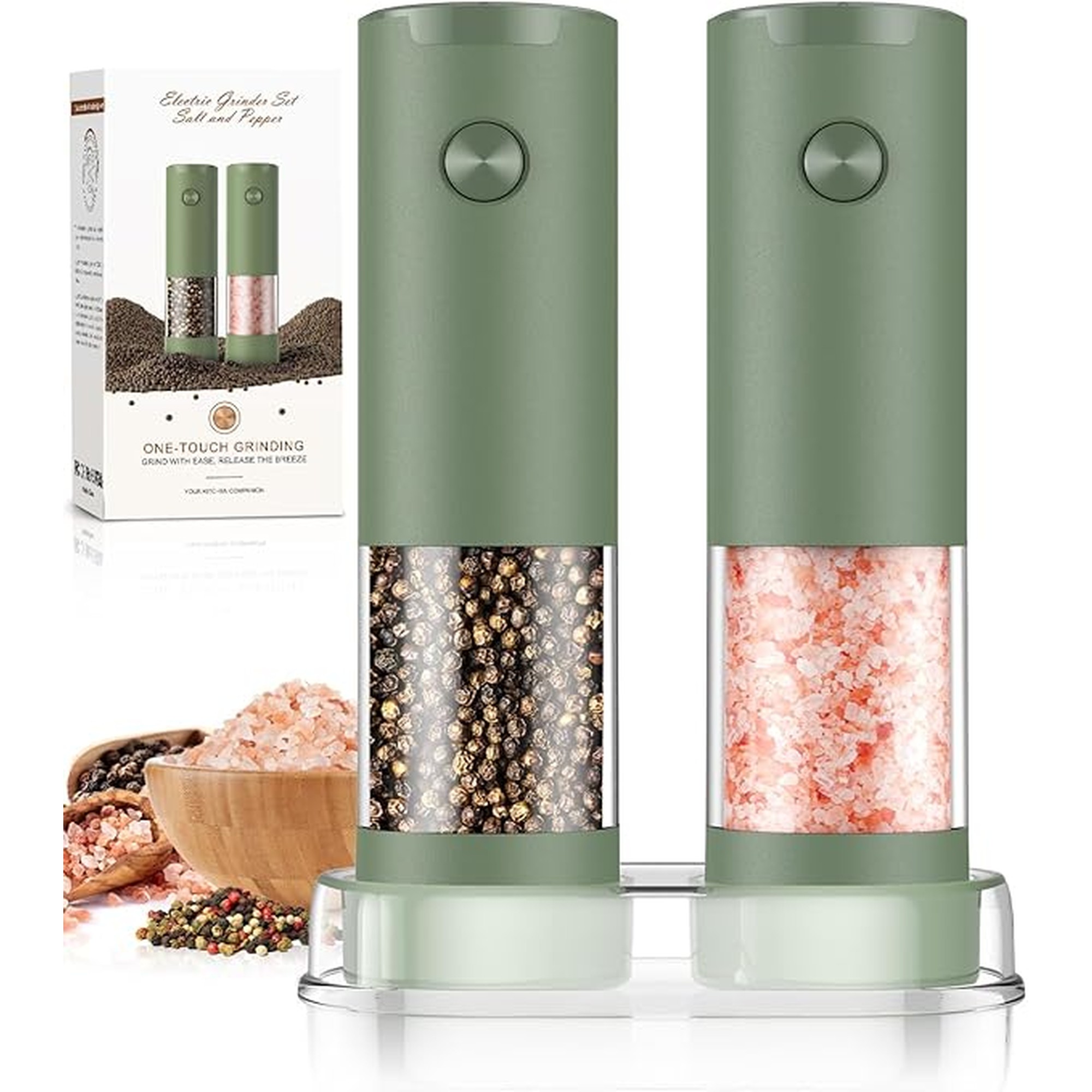 Salt and Pepper Grinder Set Mom Gifts, Electric Automatic Green Salt Pepper Shakers Home Kitchen Gadgets for New Home, Adjustable Coarseness Pepper Grinder Kitchen Appliances