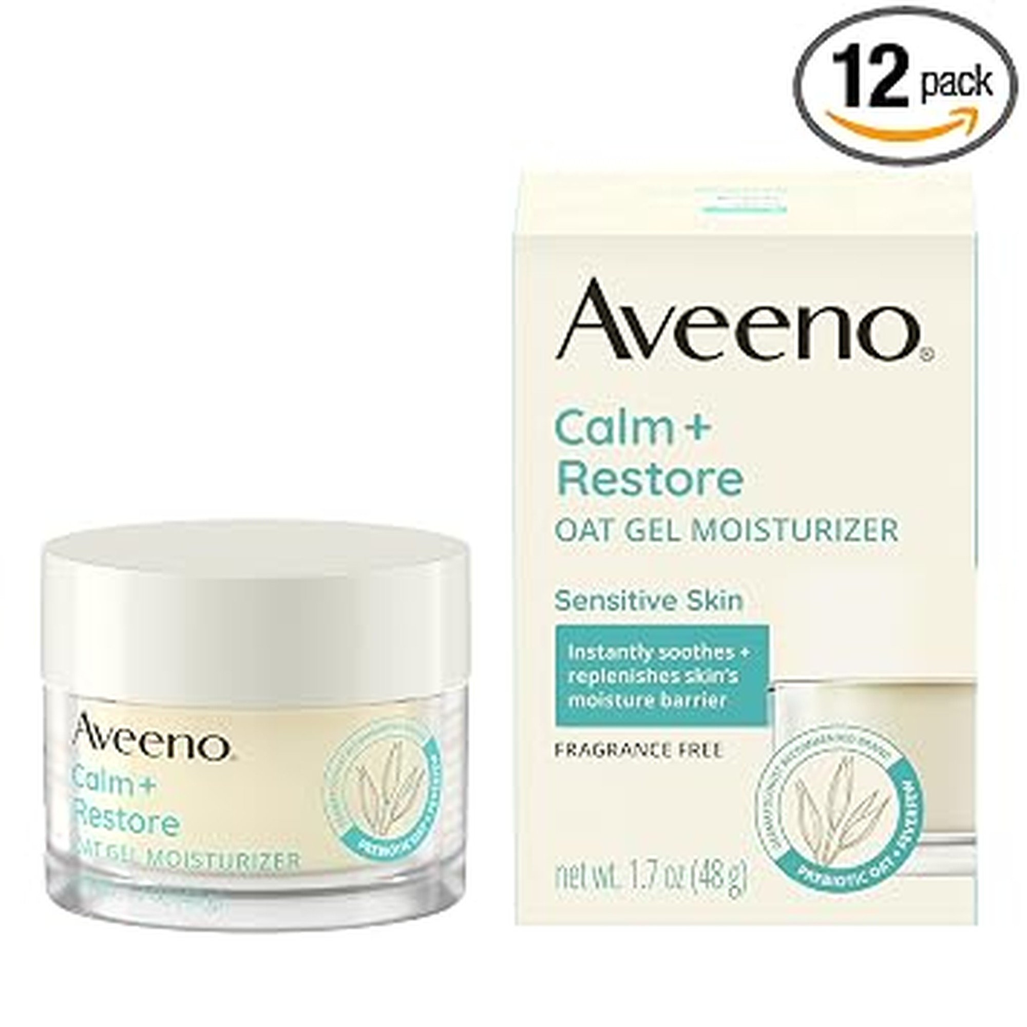 Aveeno Calm + Restore Oat Gel Facial Moisturizer for Sensitive Skin, Fast-Absorbing, Soothing Lightweight Gel Cream with Prebiotic Oat & Feverfew, Fragrance-Free & Hypoallergenic, 1.7 oz (Pack of 12)