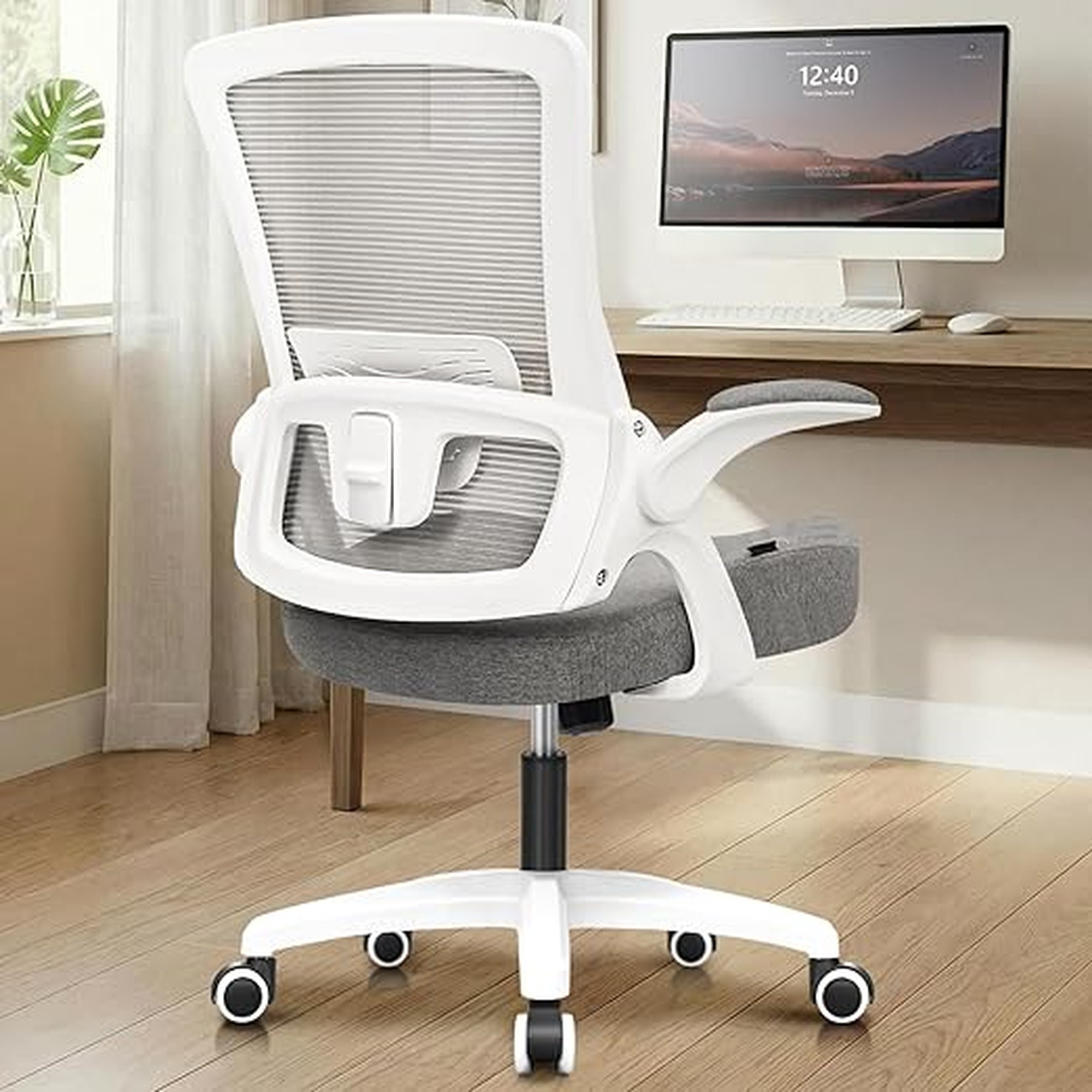 NEO CHAIR Office Desk Gaming Chair Computer High Back Mesh Seat with Rolling Wheels Ergonomic Adjustable Comfy Flip-up Armrests Lumbar Support Height for Home (Grey)