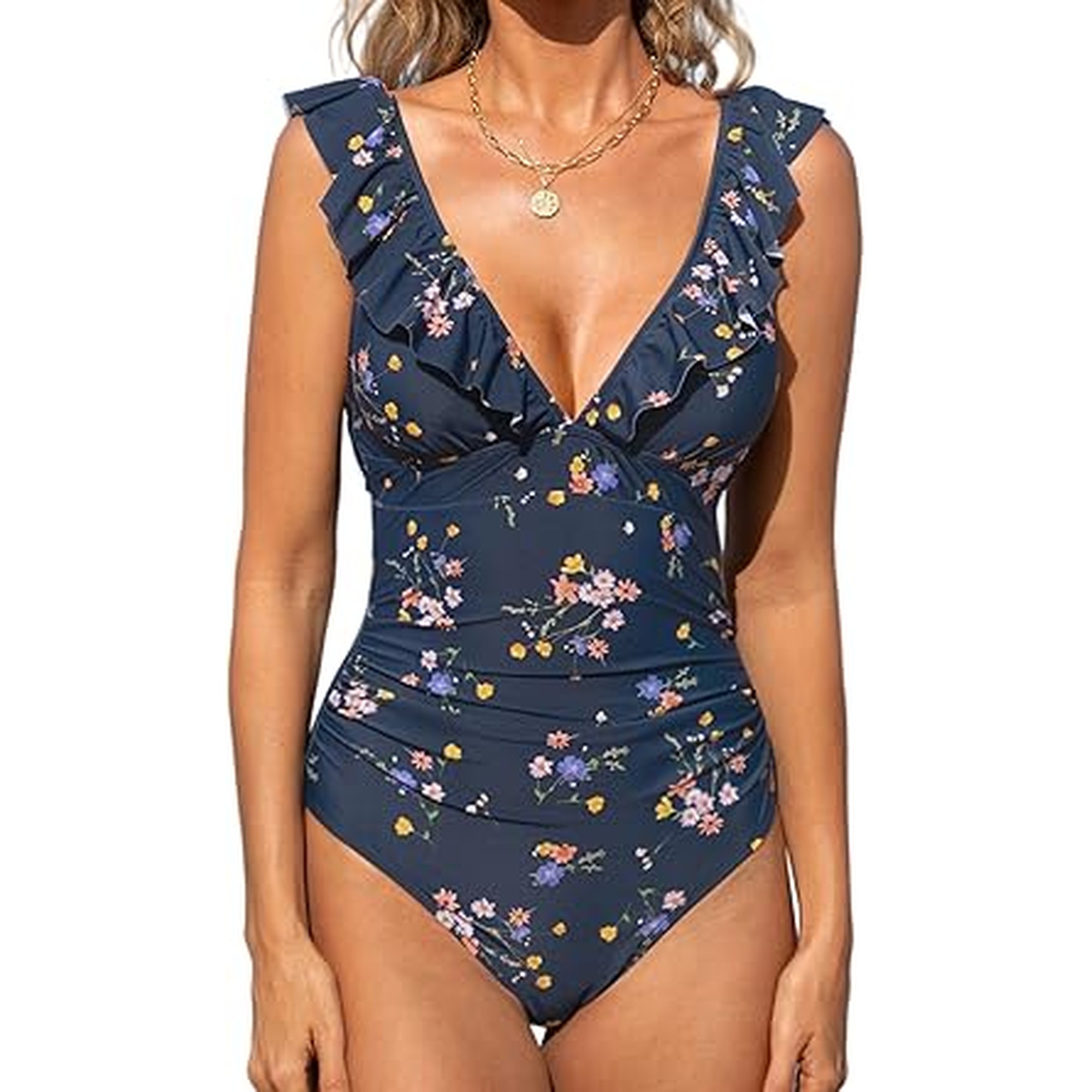 CUPSHE Women's Ruffled One Piece Swimsuit V Neck Lace Up