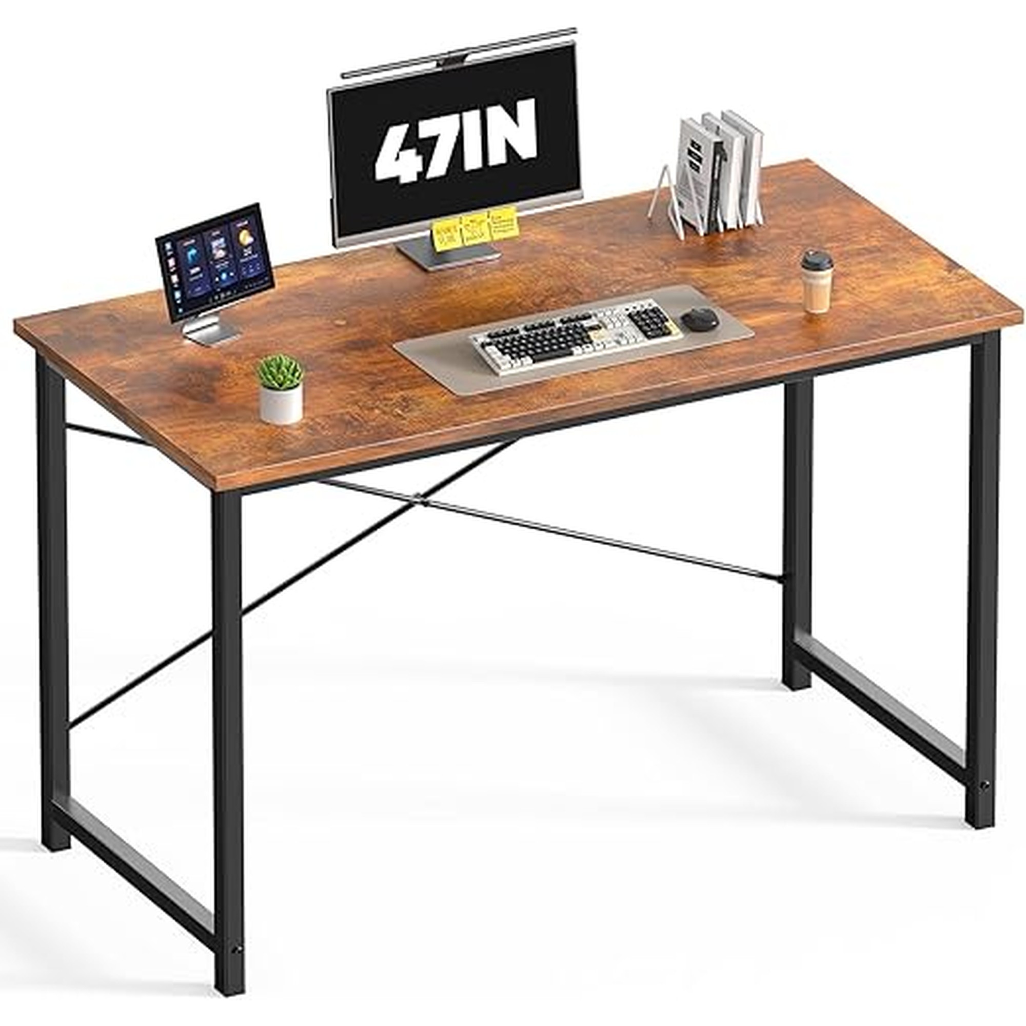 DUMOS 47 Inch Computer Desk for Home Office, Modern Writing Study Table Simple Modern Style for Bedroom Small Space, Large Work Desks with X-Shaped Reinforcement, Wood Brown