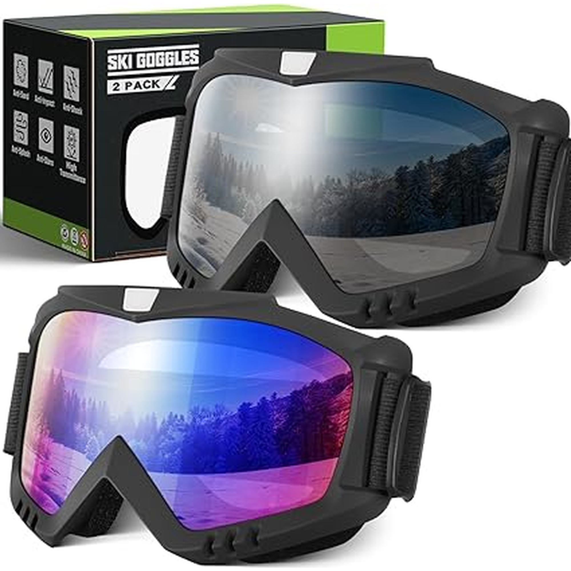 Ski Goggles Men Women, Snowboard Goggles UV Protection Anti Fog OTG Snow Goggles for Snowmobile Skiing Skating