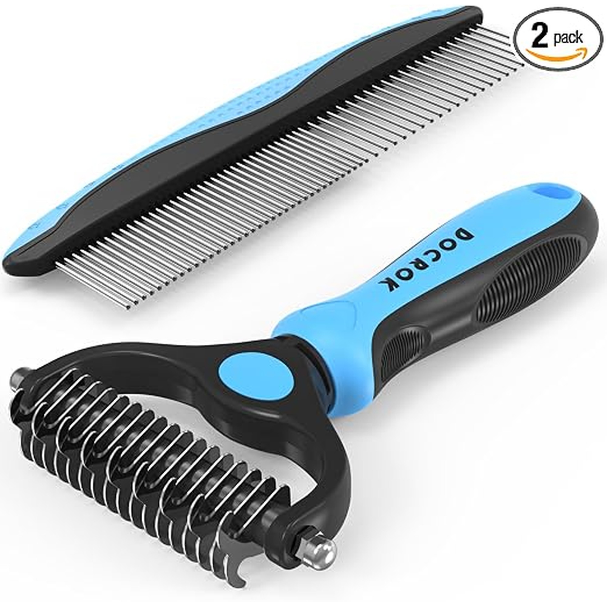 Docrok Pet Grooming Combo - Blue Deshedding Brush with Metal Comb for Detangling and Dematting Long, Matted Fur on Cats and Dogs