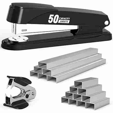 Metal Stapler Heavy Duty 50 Sheet Capacity with 1750 Staples and Staple Remover, Full Strip Staplers for Desk, No Jam, Non-Slip for Office & Classroom, Black