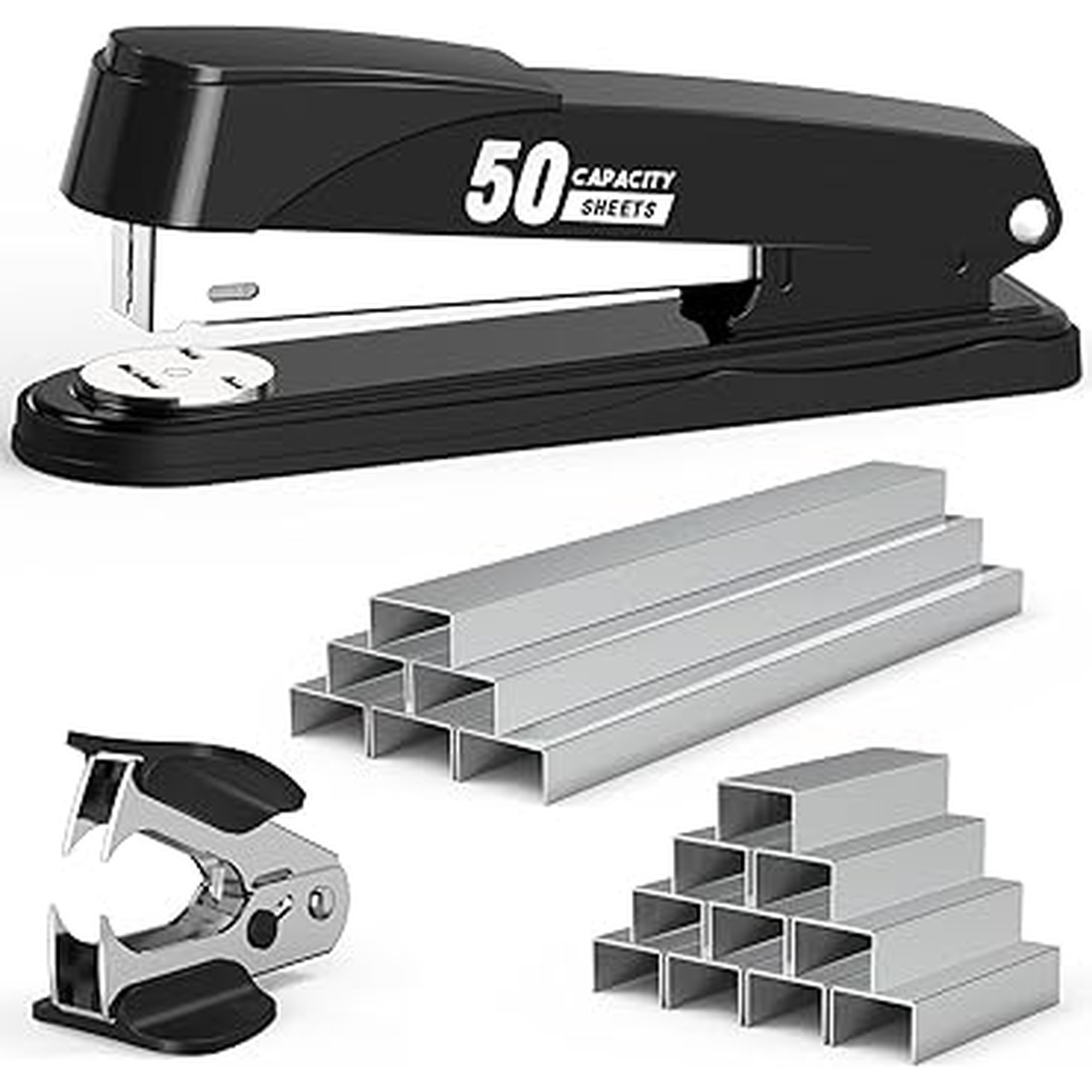 Metal Stapler Heavy Duty 50 Sheet Capacity with 1750 Staples and Staple Remover, Full Strip Staplers for Desk, No Jam, Non-Slip for Office & Classroom, Black