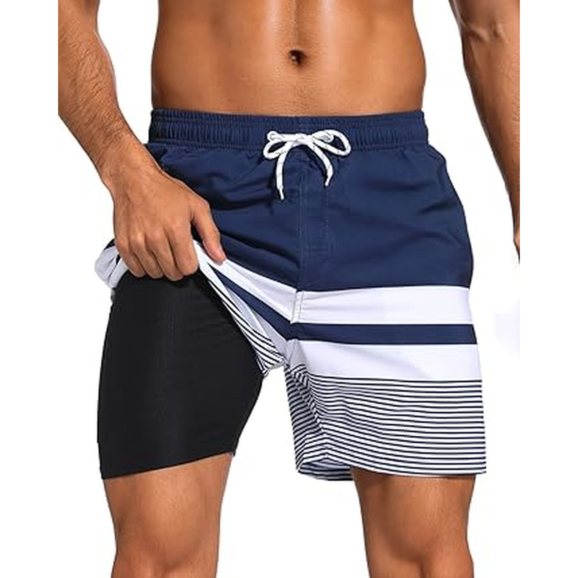 SILKWORLD Mens Swim Trunks with Compression Liner 2 in 1 Quick Dry Bathing Suit Beach Shorts with Zipper Pockets