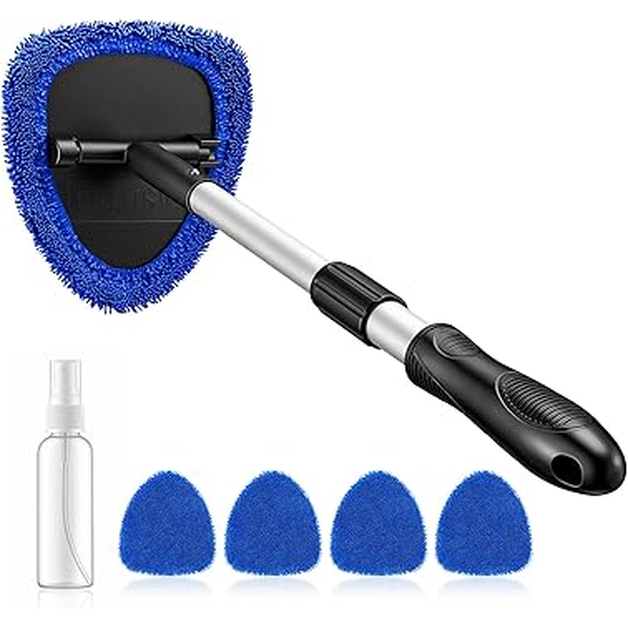 AstroAI Windshield Cleaner Tool, Car Interior Detailing Cleaning Kit with Extendable Handle and 4 Upgraded High-Density Reusable Microfiber Pads, Auto Glass Wiper Brush Kit for Cars, Blue, 15.9in-21in