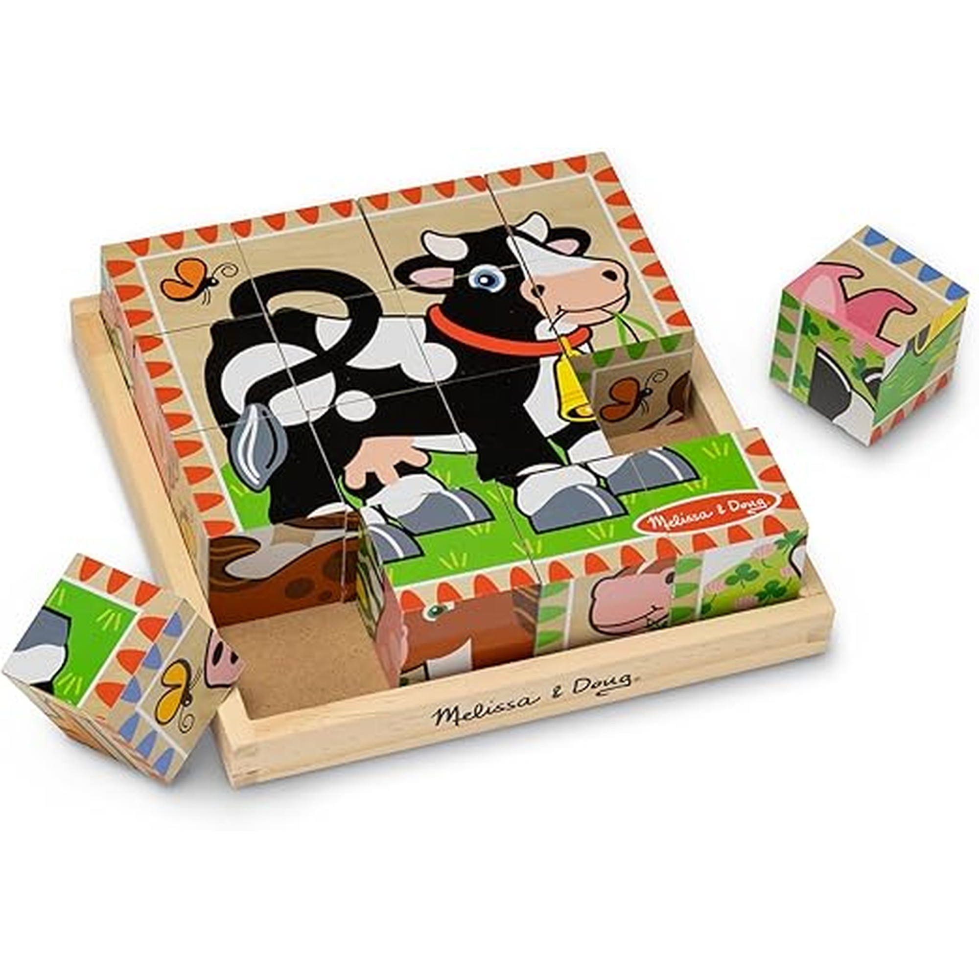 Melissa & Doug Farm Wooden Cube Puzzle with Storage Tray â€“ 6-in-1 Animal Puzzle for Toddlers and Preschoolers â€“ 16 Wooden Cubes â€“ Farm Toy for Kids Ages 3+ - FSC Certified