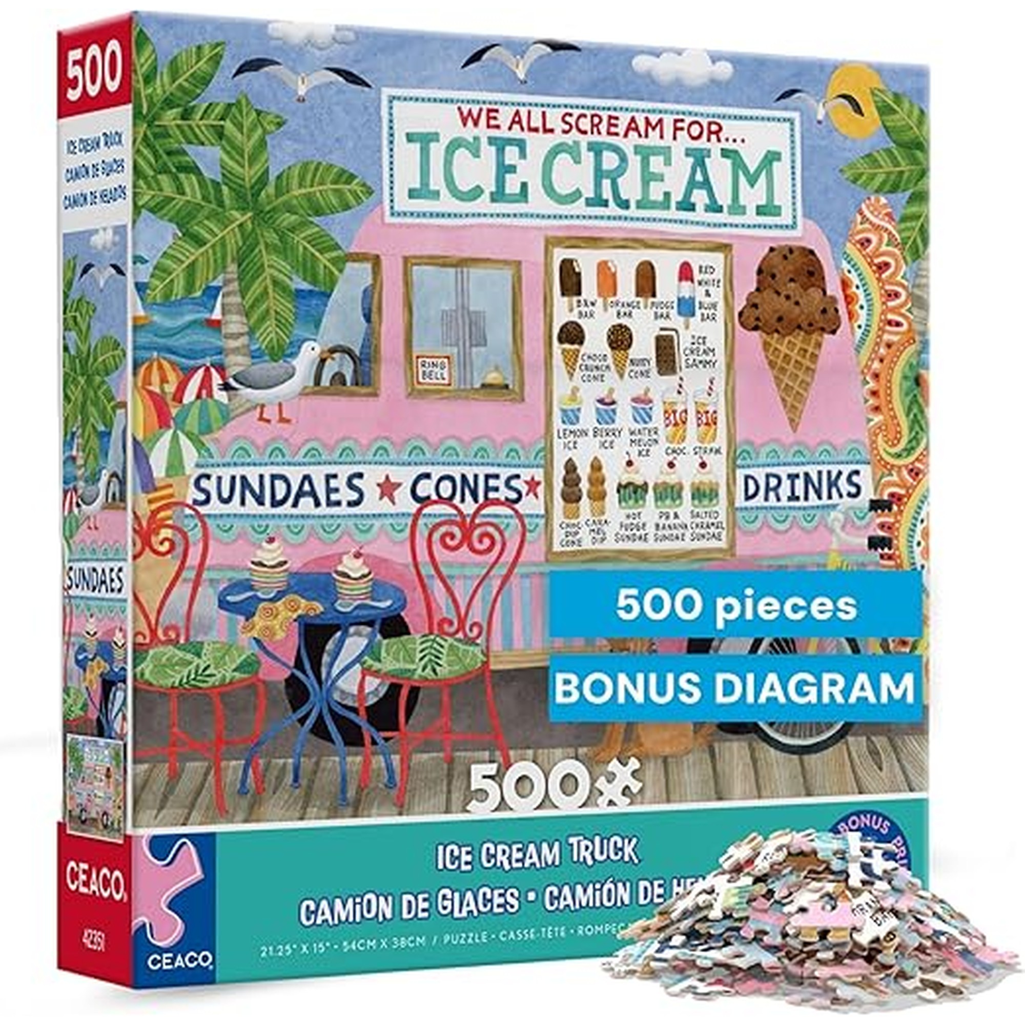 Ceaco- Food Trucks - Ice Cream Truck II - 500 Piece Jigsaw Puzzle for Adults and Families - Colorful Summer Beach Scene with Ice Cream Stand - Finished Size 19 x 19 - Made in The USA