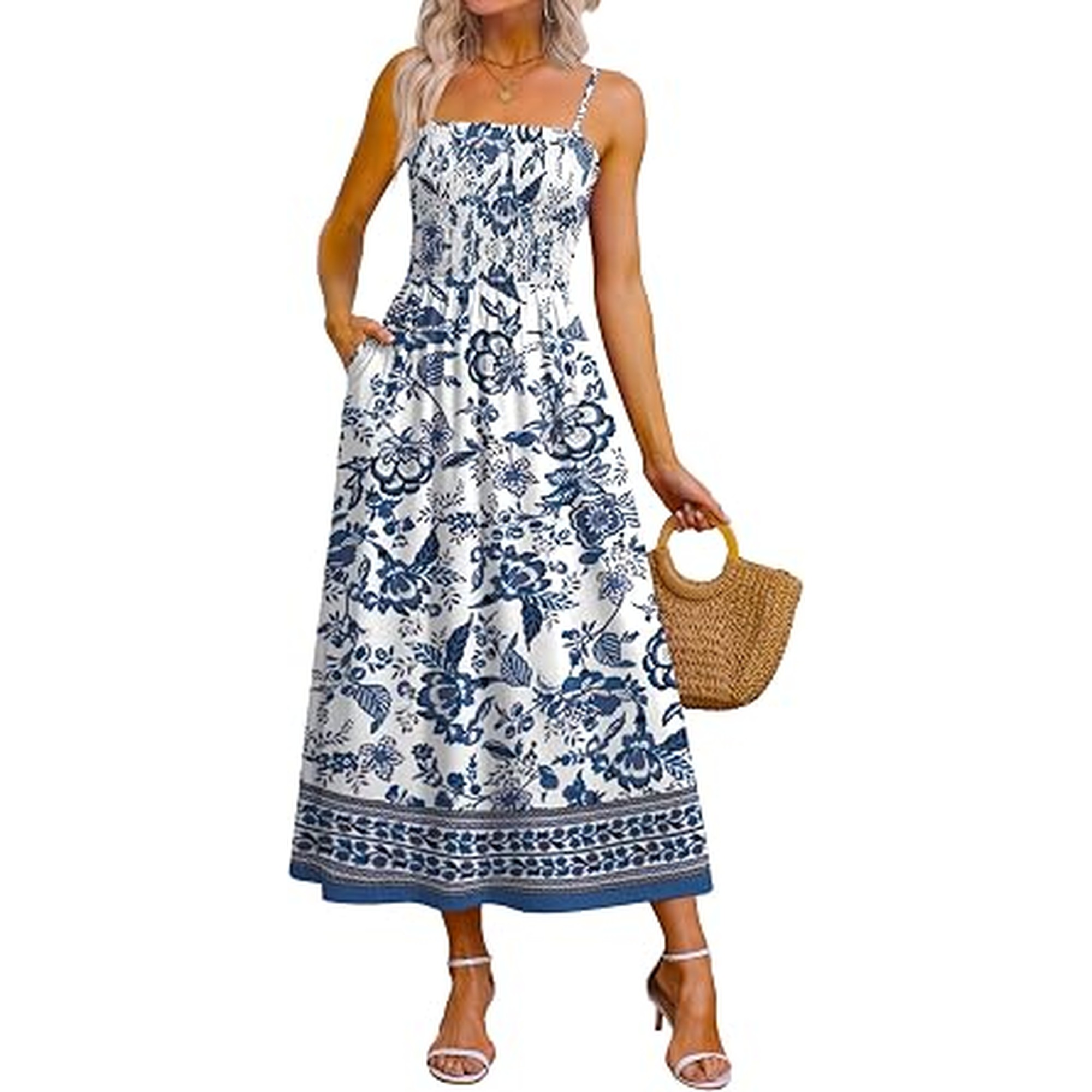 OFEEFAN Womens Spaghetti Strap Maxi Dresses Smocked with Pockets 2026 Summer Spring Casual Boho Beach Long Sundresses