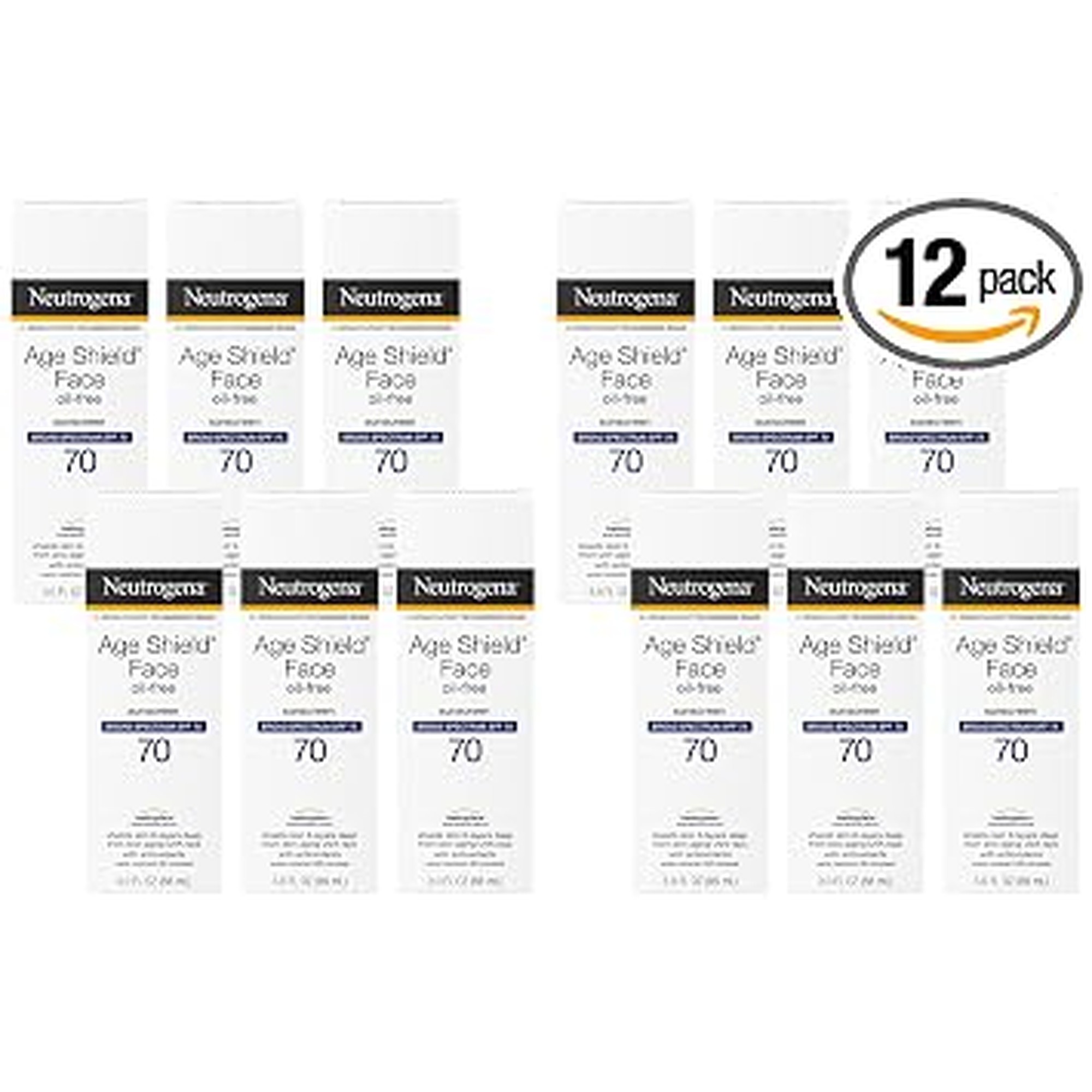 Neutrogena Age Shield Face Oil-Free Sunscreen Lotion with Broad Spectrum SPF 70, Non-Comedogenic Moisturizing Sunscreen to Help Prevent Signs of Aging, PABA-Free, 3 fl. oz (Pack of 12)