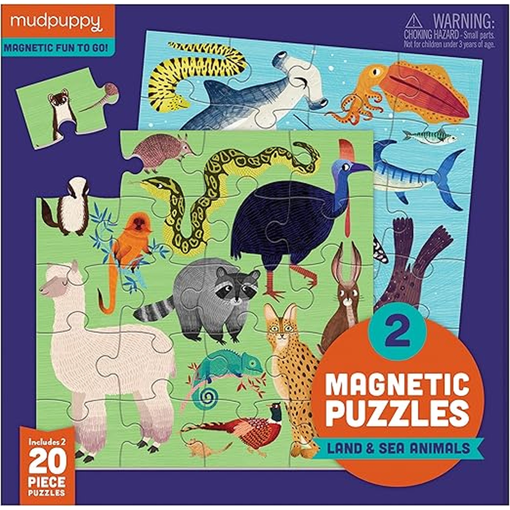 Mudpuppy Land & Sea Animals - Tri Fold Magnetic Puzzles Featuring Two 20 Piece Animal Themed Artwork