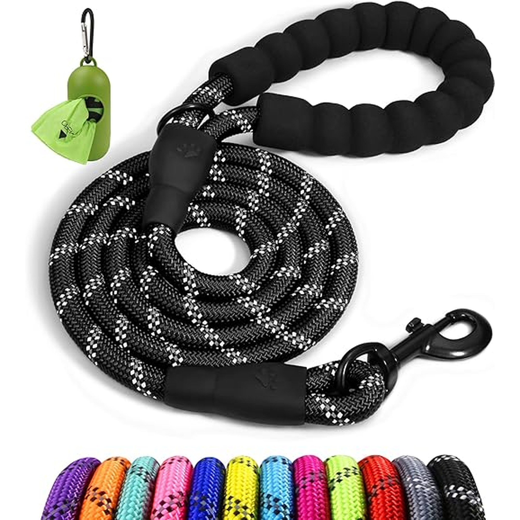 Taglory Rope Dog Leash 6 FT with Comfortable Padded Handle, Highly Reflective Threads Leash and Anti-Tangle Clip for Walking Small Dogs, 3/8 inch, Black