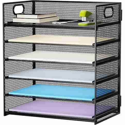 Marbrasse 6 Tier Paper Organizer Letter Tray - Mesh Desk File Organizer with Handle, Paper Sorter Organizer for Letter/A4 Office File Folder Holder - Black