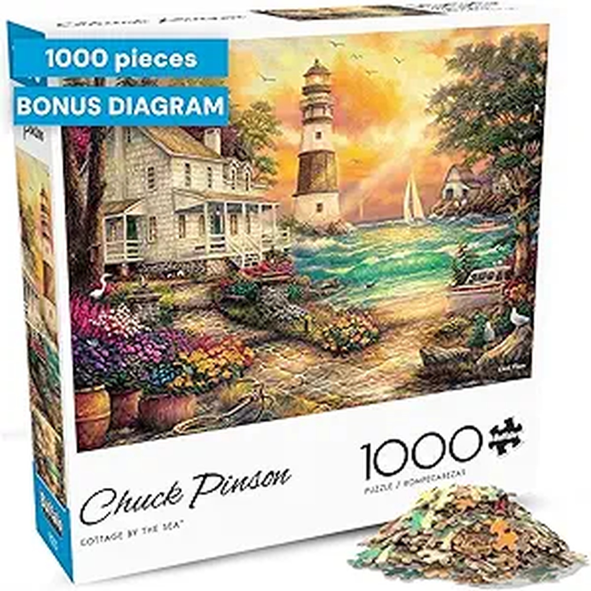 Buffalo Games - Chuck Pinson - Cottage by the Sea - 1000 Piece Puzzle for Adults, Serene Lighthouse Jigsaw with Poster, Premium Scenic Puzzle for Game Nights