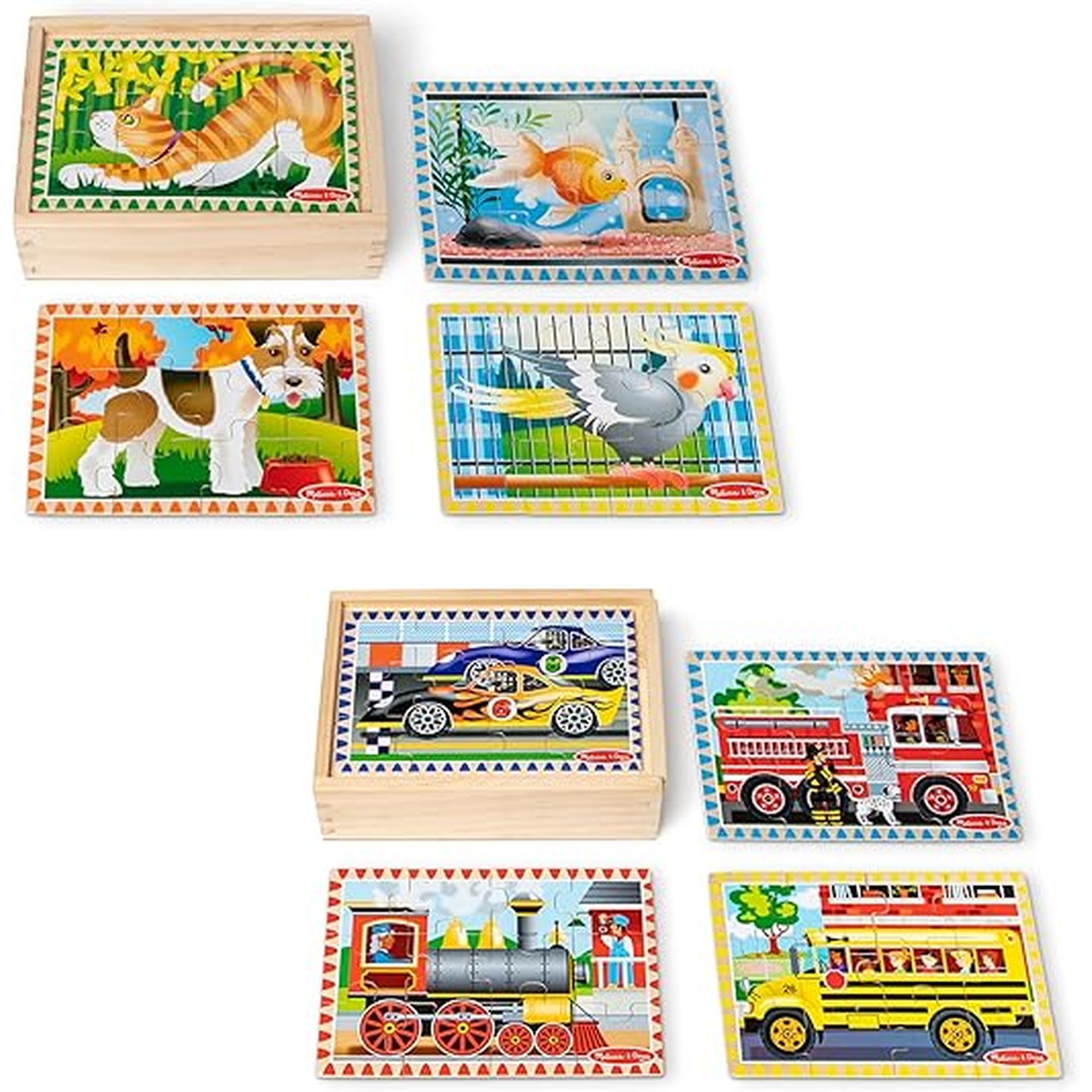 Melissa & Doug Wooden Jigsaw Puzzles in a Box 2-Pack for Preschool Boys and Girls â€“ Pets, Vehicles