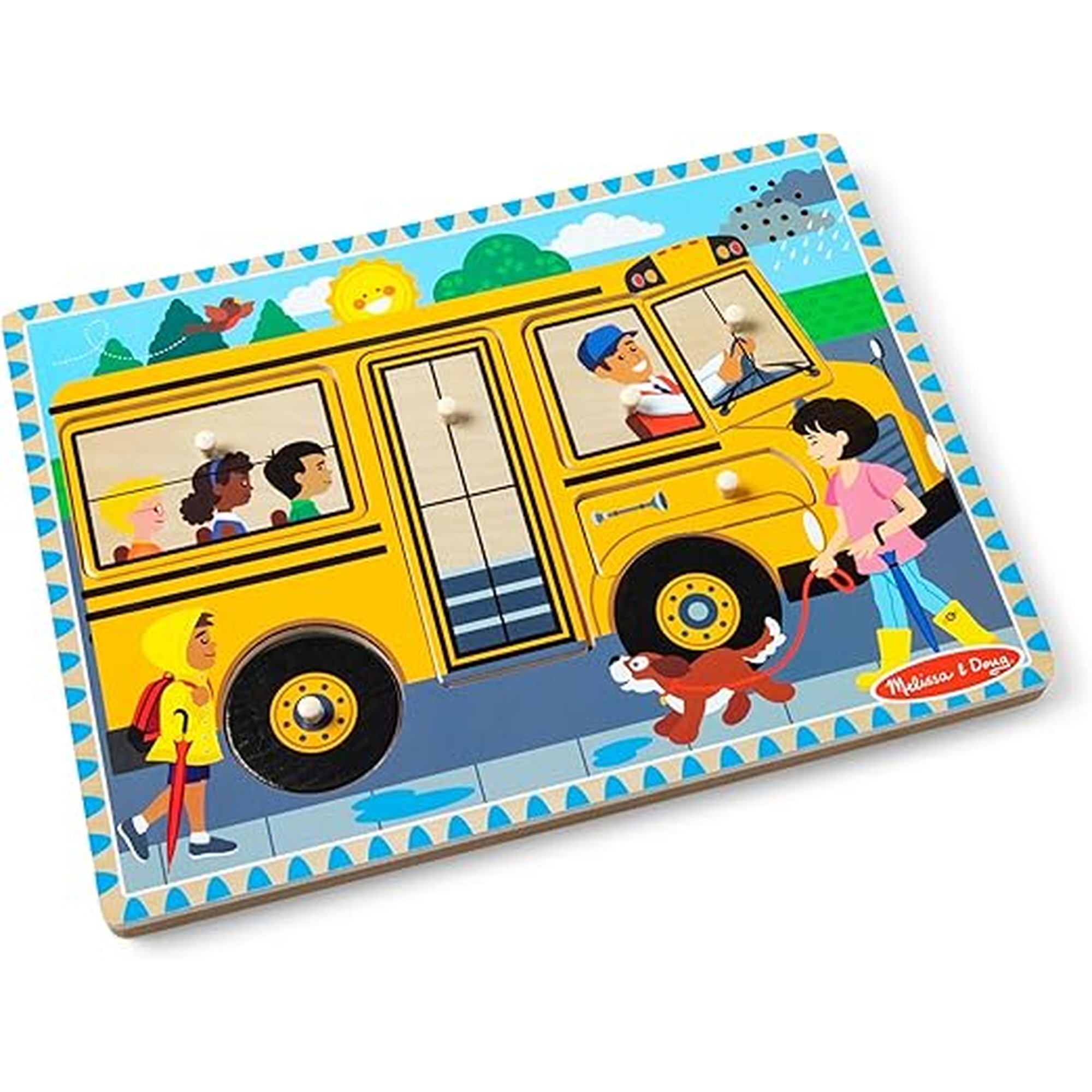 Melissa & Doug The Wheels on The Bus Song Puzzle â€“ 8-Piece Wooden Peg Puzzle with Light-Activated Sounds, Music Learning Toy for Toddlers and Preschoolers Ages 2+