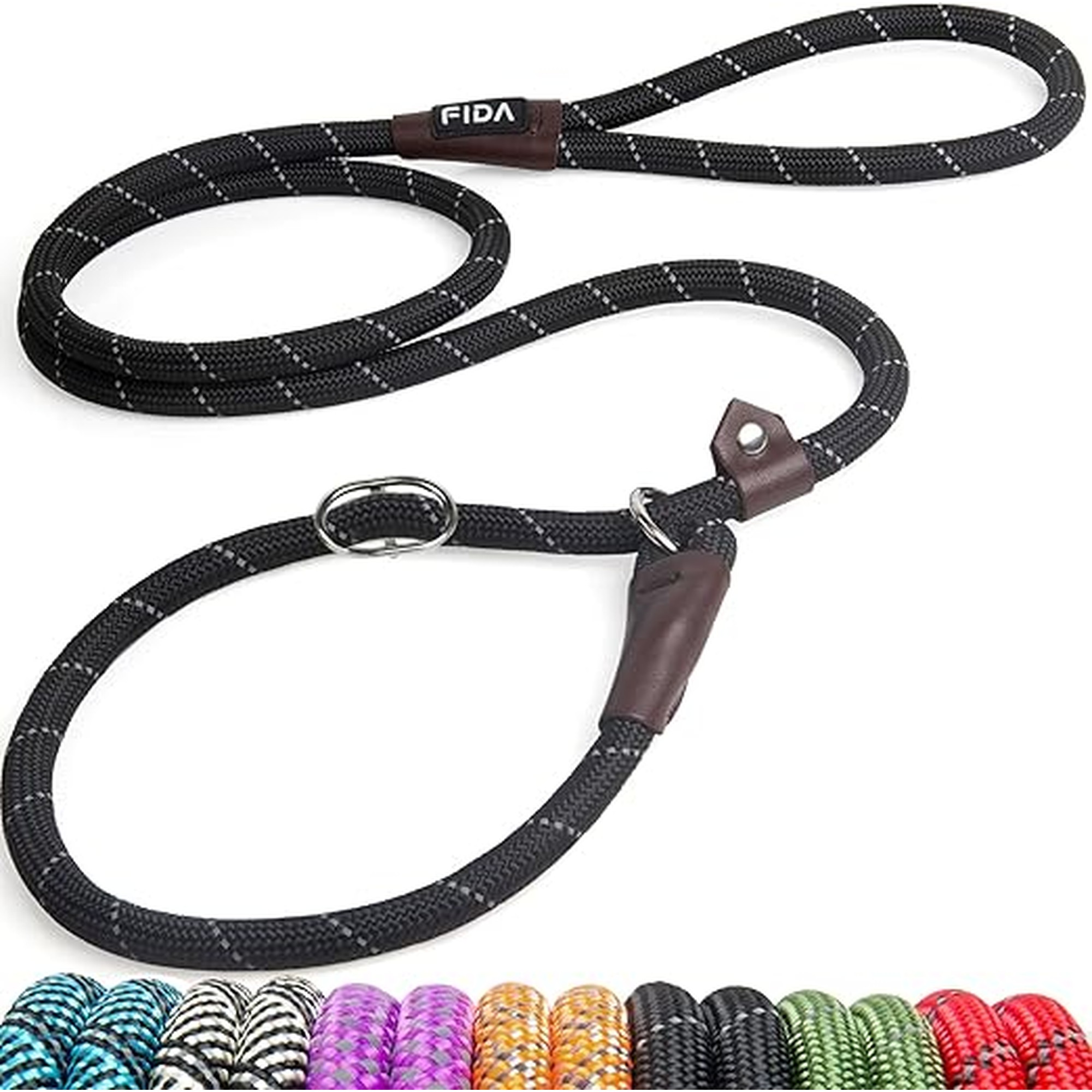 Fida Durable Slip Lead Dog Leash, 6 FT x 1/2" Heavy Duty Dog Loop Leashes, Comfortable Strong Rope Slip Leash for Large Medium Dogs, No Pull Pet Training Lead with Highly Reflective(1/2", Black)