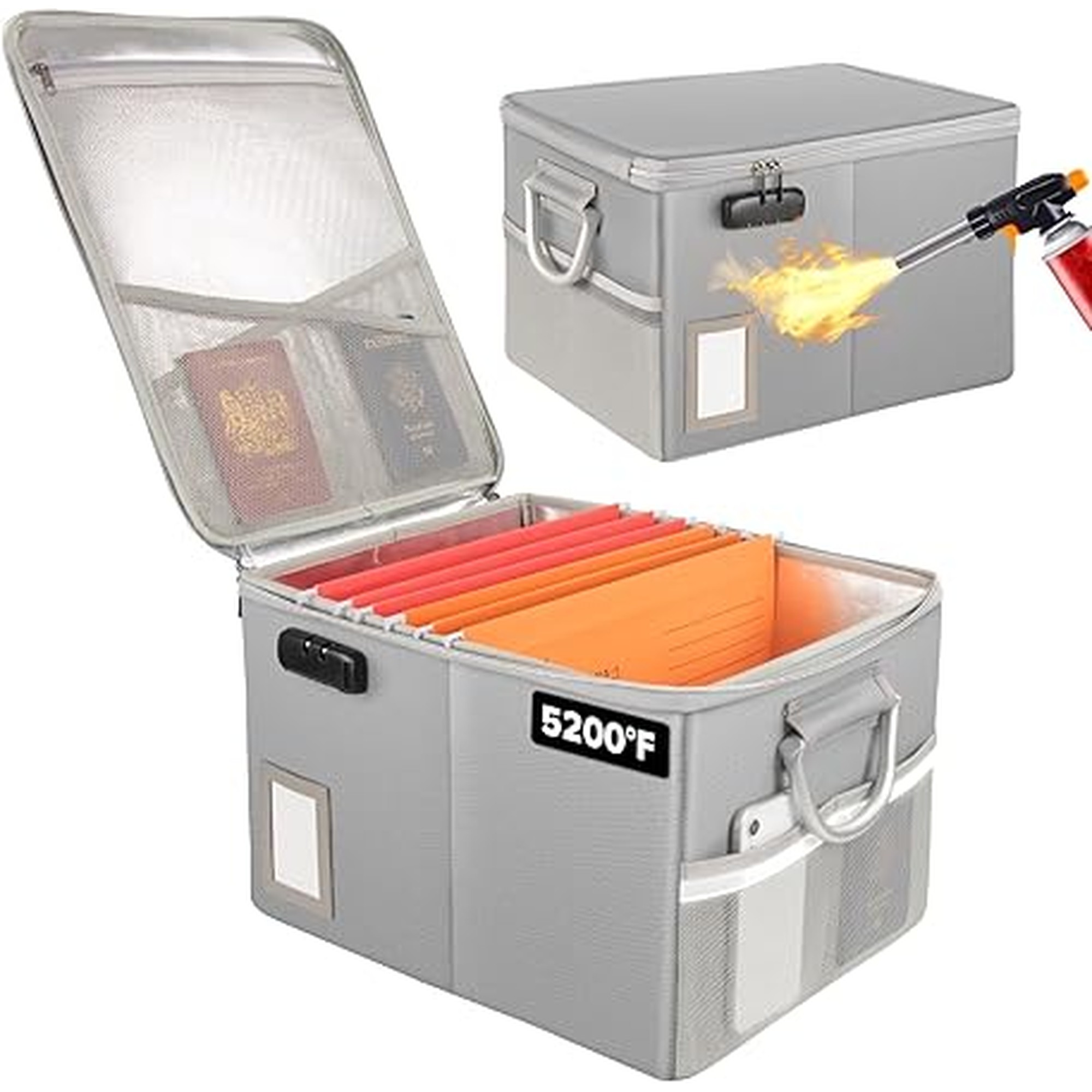 TOMKID 5200Â°F Fireproof Document Box, Fire Important Document Organizer with Lock, Upgraded Heat Insulated Filing Storage Cabinet Office Organization (5200Â°F Fireproof Box, Silver)