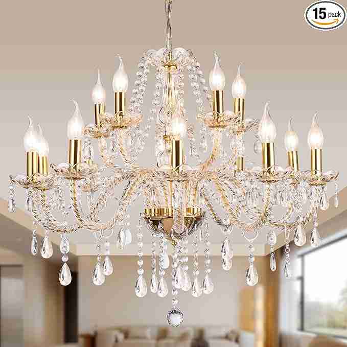 Modern Elegant 15 Lights K9 Crystal Glass Chandelier Golden Pendant Ceiling Lighting European Style for Dining Living Room Bedroom Transparent,15 E12 Bulbs Required
