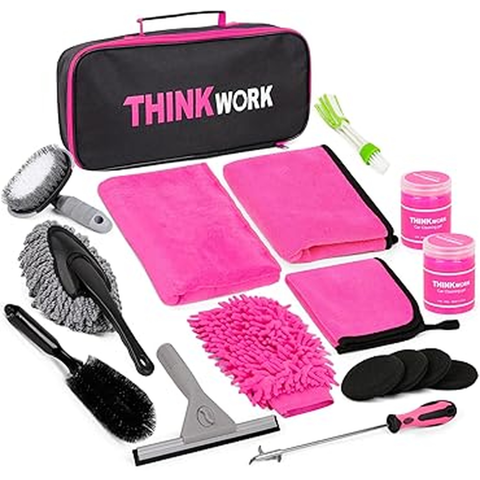 THINKWORK Pink Car Detailing Cleaning Kit, Car Wash Kit, Car Accessories for Women Suitable for Small and Medium Vehicles Such As Cars, Trucks, Suvs(17pcs)