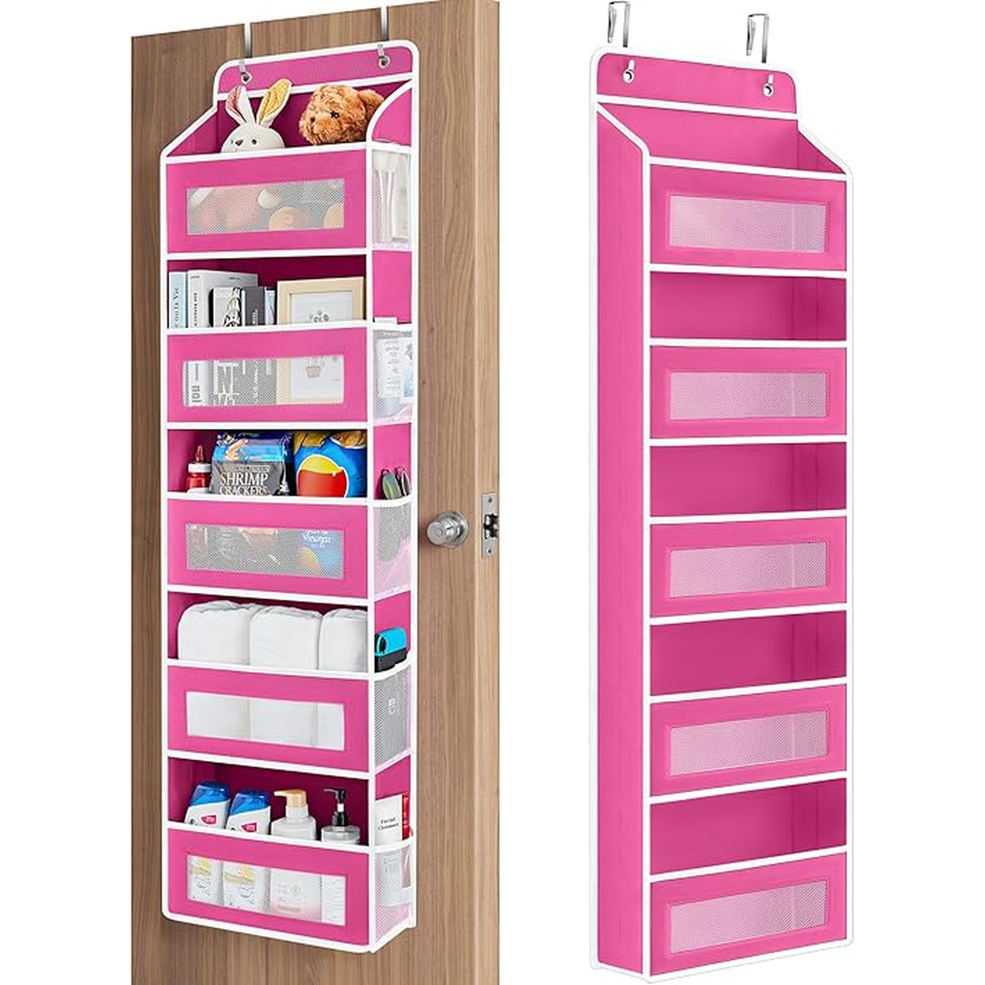 JARLINK Over The Door Organizer Storage, 5 Shelf Hanging Door Organizer with 5 Large Capacity Pockets, Anti Tilt 44 lb Load Behind Door Storage for Bedroom, Bathroom, Pantry, Nursery, Rose Pink
