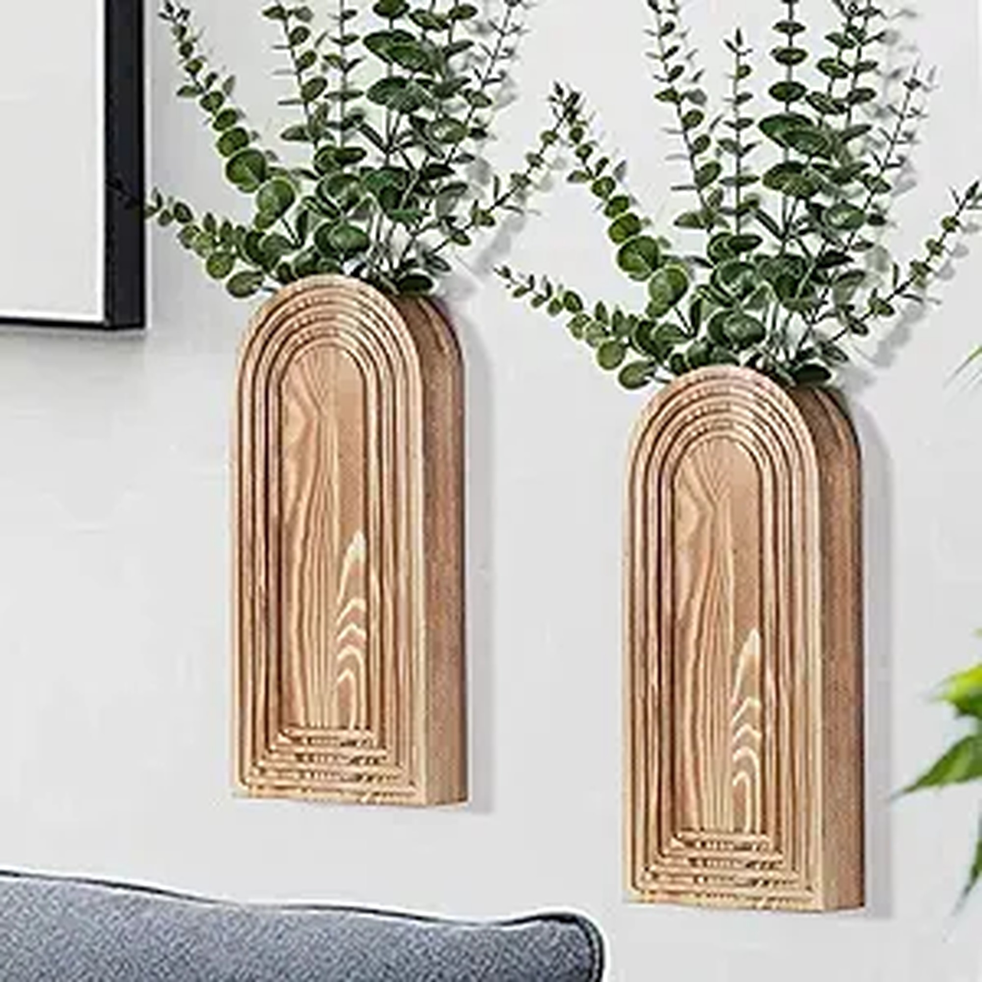 Dnnnii 2 Pack Wooden Wall Vase Set - Brown Finish Modern Farmhouse & Boho Wall Decor for Entryway, Hallway, Bathroom, Living Room, Dining Room, Narrow Spaces
