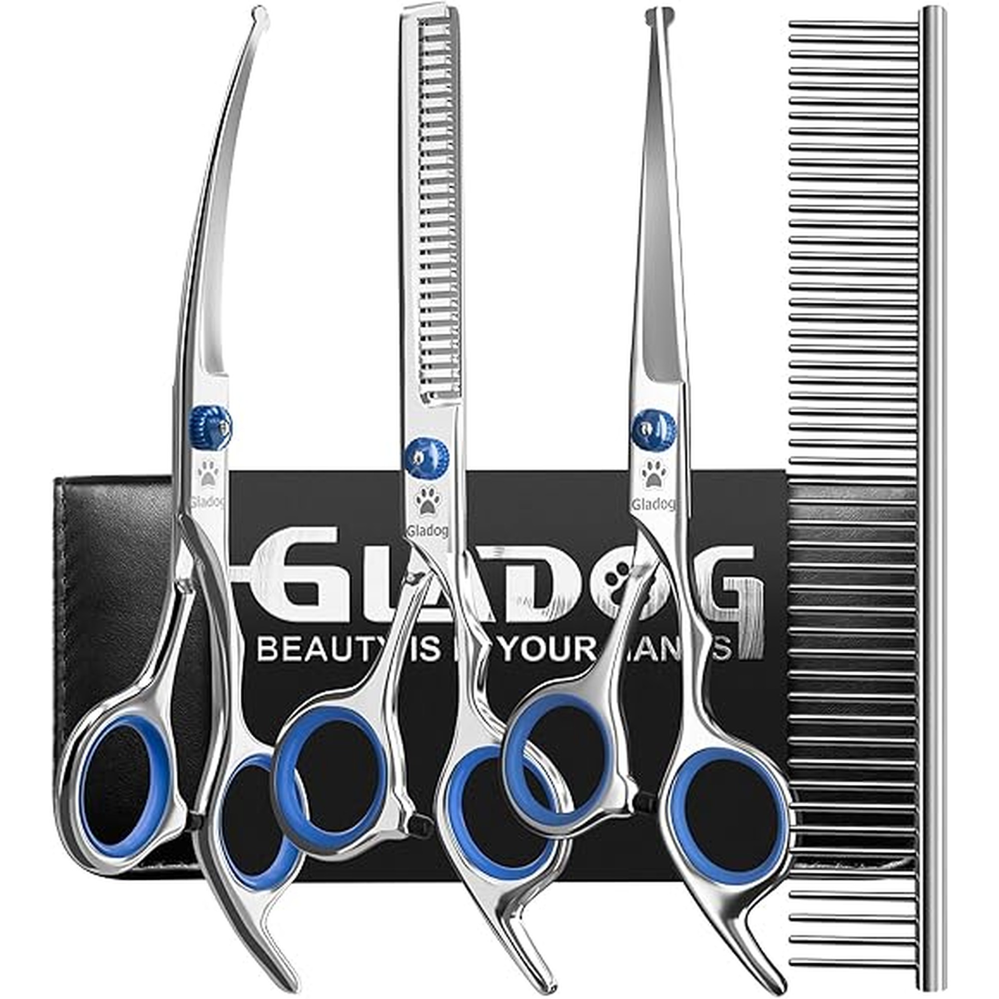 GLADOG Professional 5 in 1 Dog Grooming Scissors Set with Safety Round Tips, Sharp and Heavy-duty Pet Grooming Shears for Cats