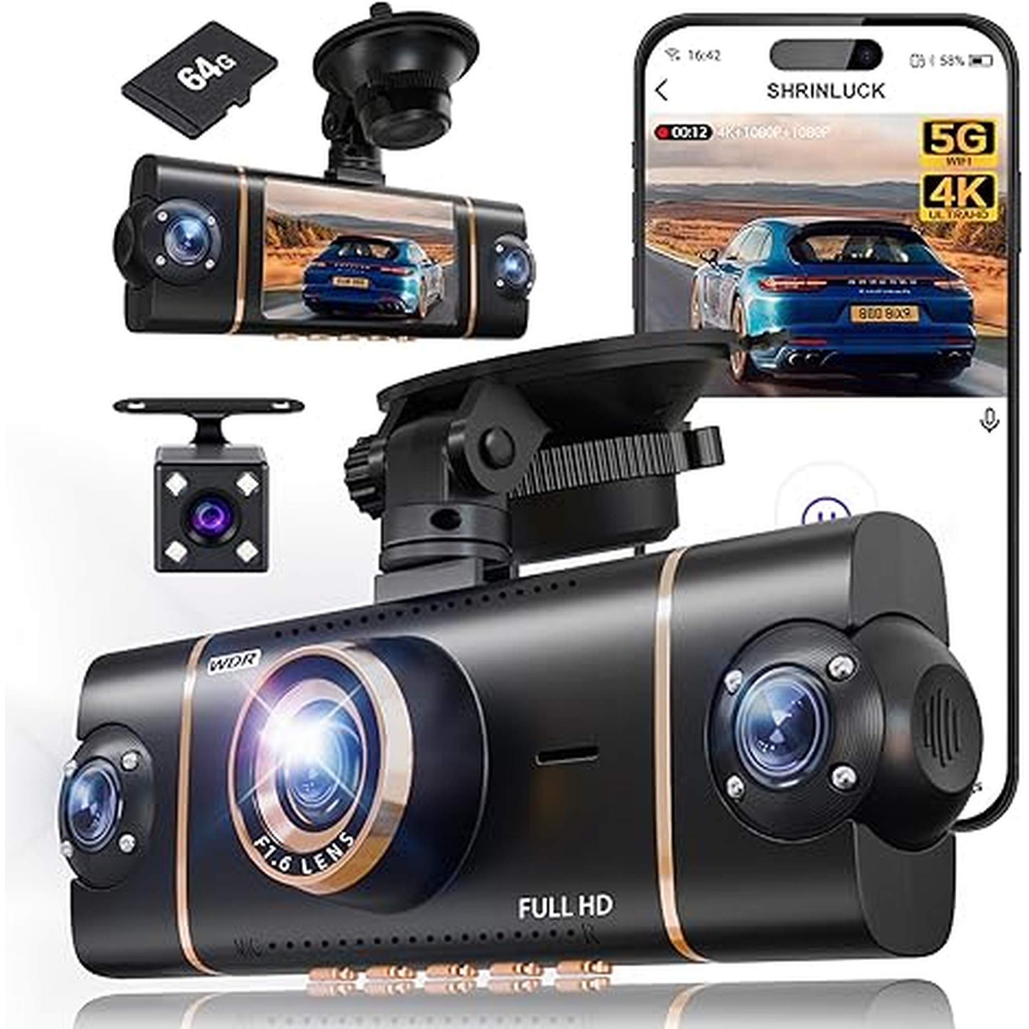 4 Channel 360Â° Dash Cam Front Rear Inside & Left Right,4K+1080P*3 FHD Car Camera,5GHz WiFi & App Control,8 IR Lamps Night Vision,24H Parking Mode,G-Sensor,Loop Recording,Includes 64GB SD Cardï¼ˆBlackï¼‰