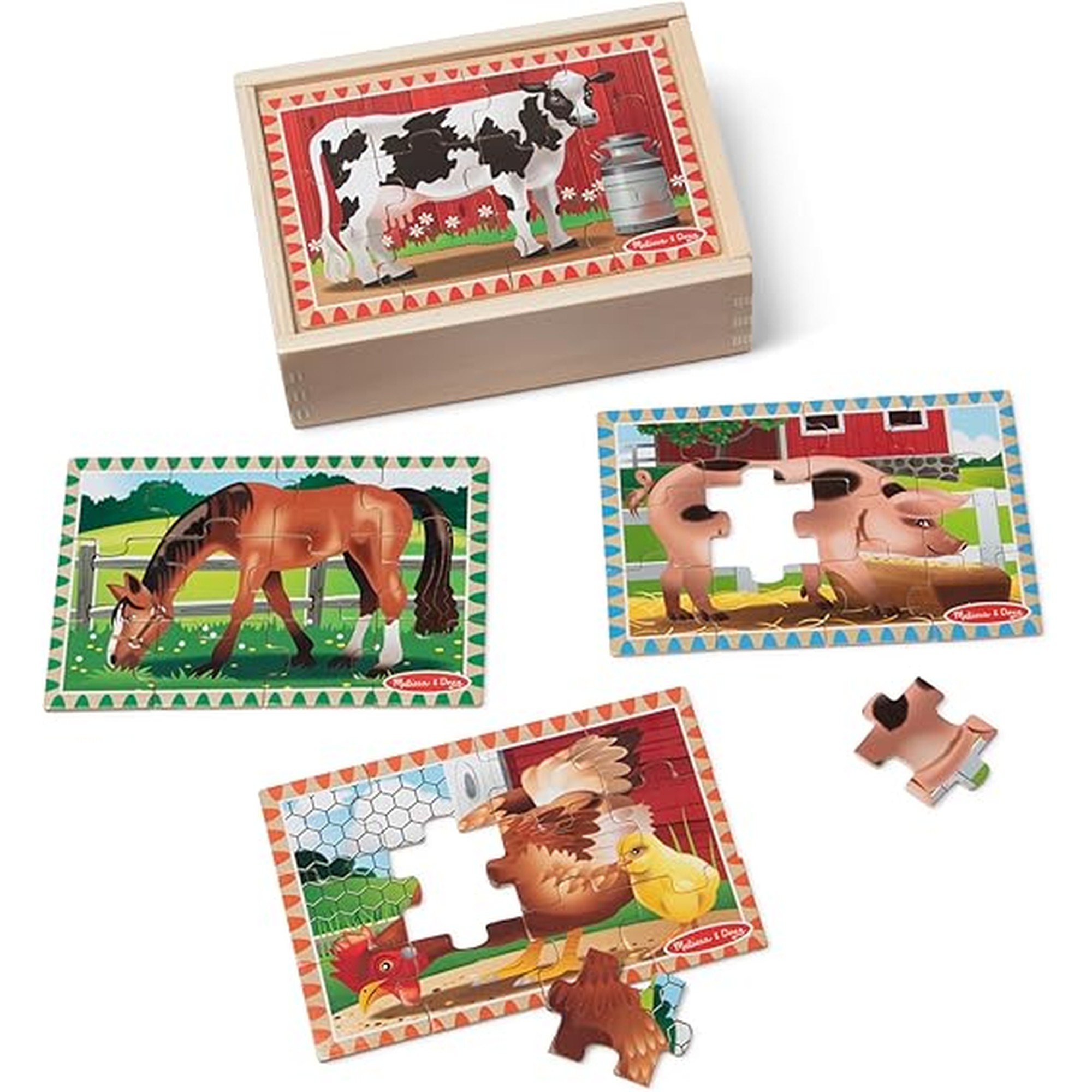 Melissa & Doug 4â€‘inâ€‘1 Wooden Farm Jigsaw Puzzle Set, 48 Pieces with Storage Box, Toddler Puzzle Toy for Kids Ages 3+