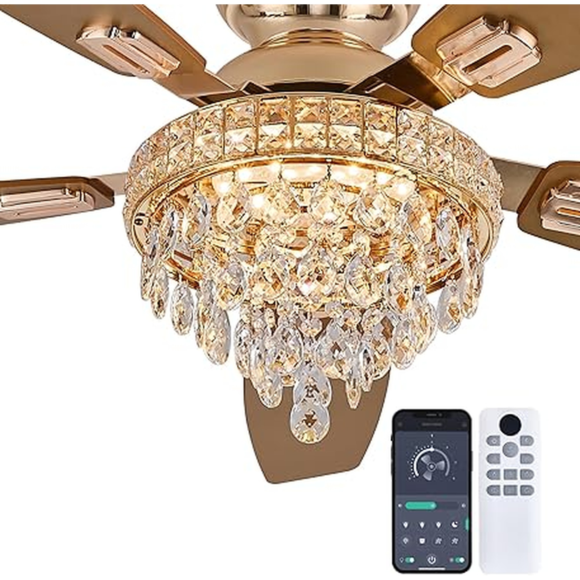 Crystal Ceiling Fan Fandelier with Lights-Ceiling Fans with Lights,54" Low Profile and Remote Control, Flush Mount, Reversible, Dimmable, Noiseless,Gold Ceiling Fan for Bedroom